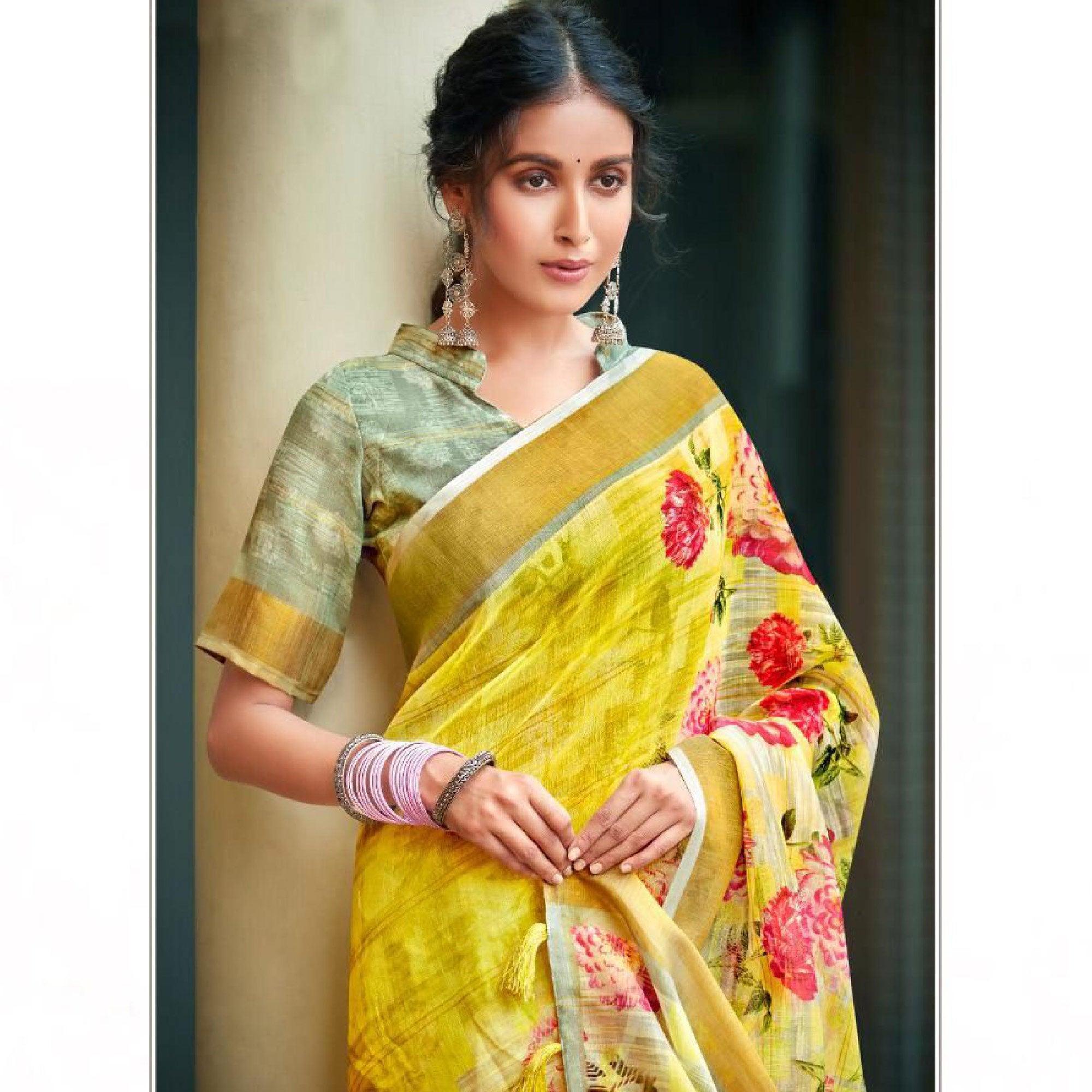 Yellow Casual Wear Floral Printed Pure Linen Saree - Peachmode