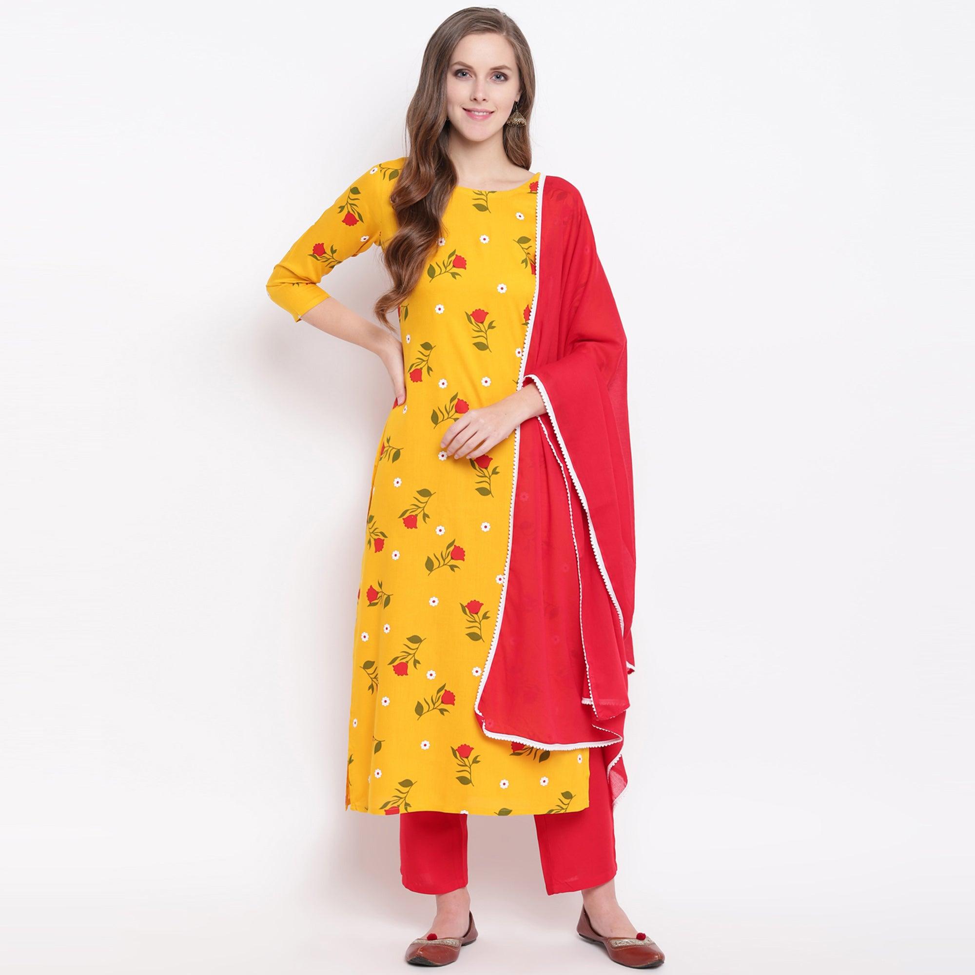 Yellow Casual Wear Floral Printed Rayon Suit - Peachmode