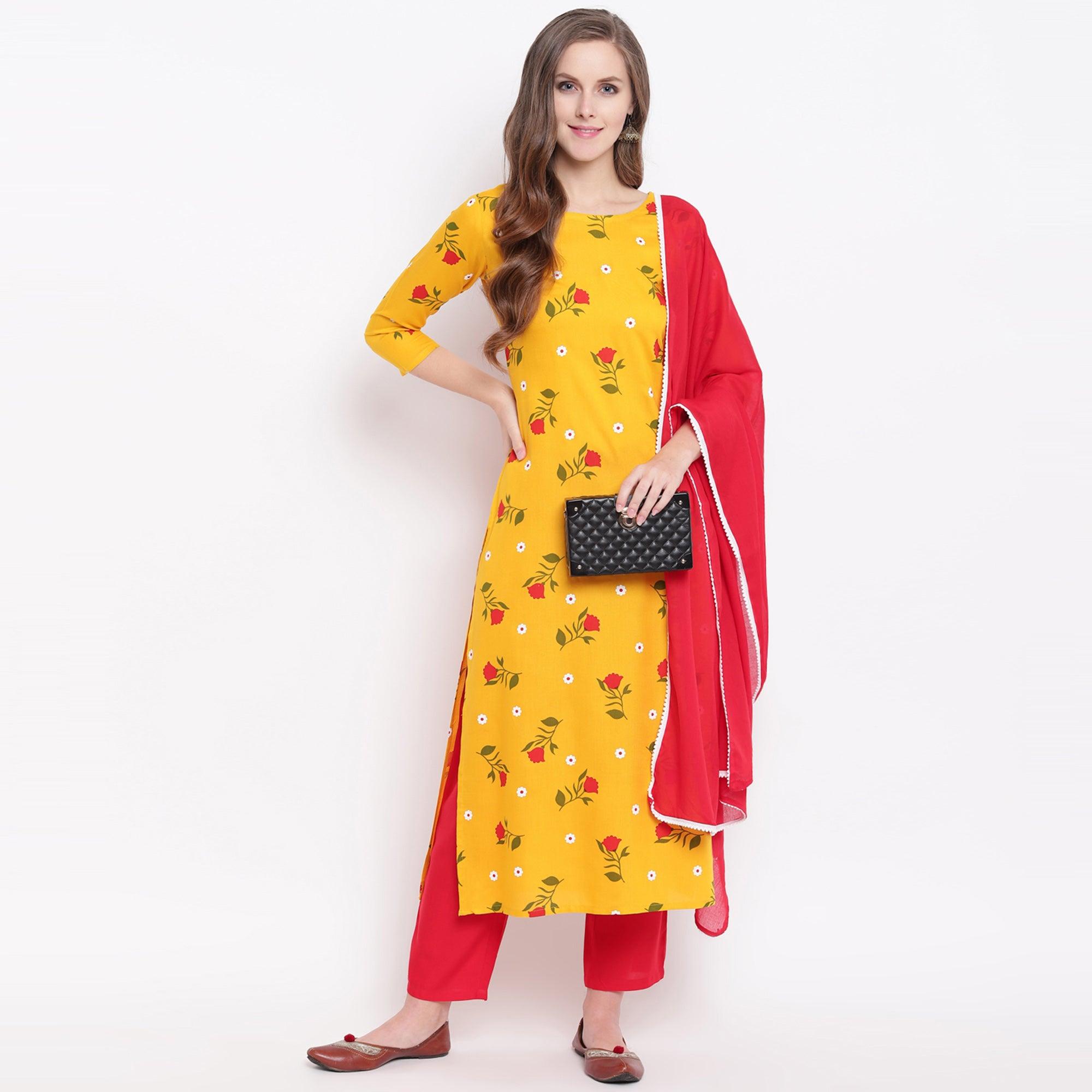 Yellow Casual Wear Floral Printed Rayon Suit - Peachmode