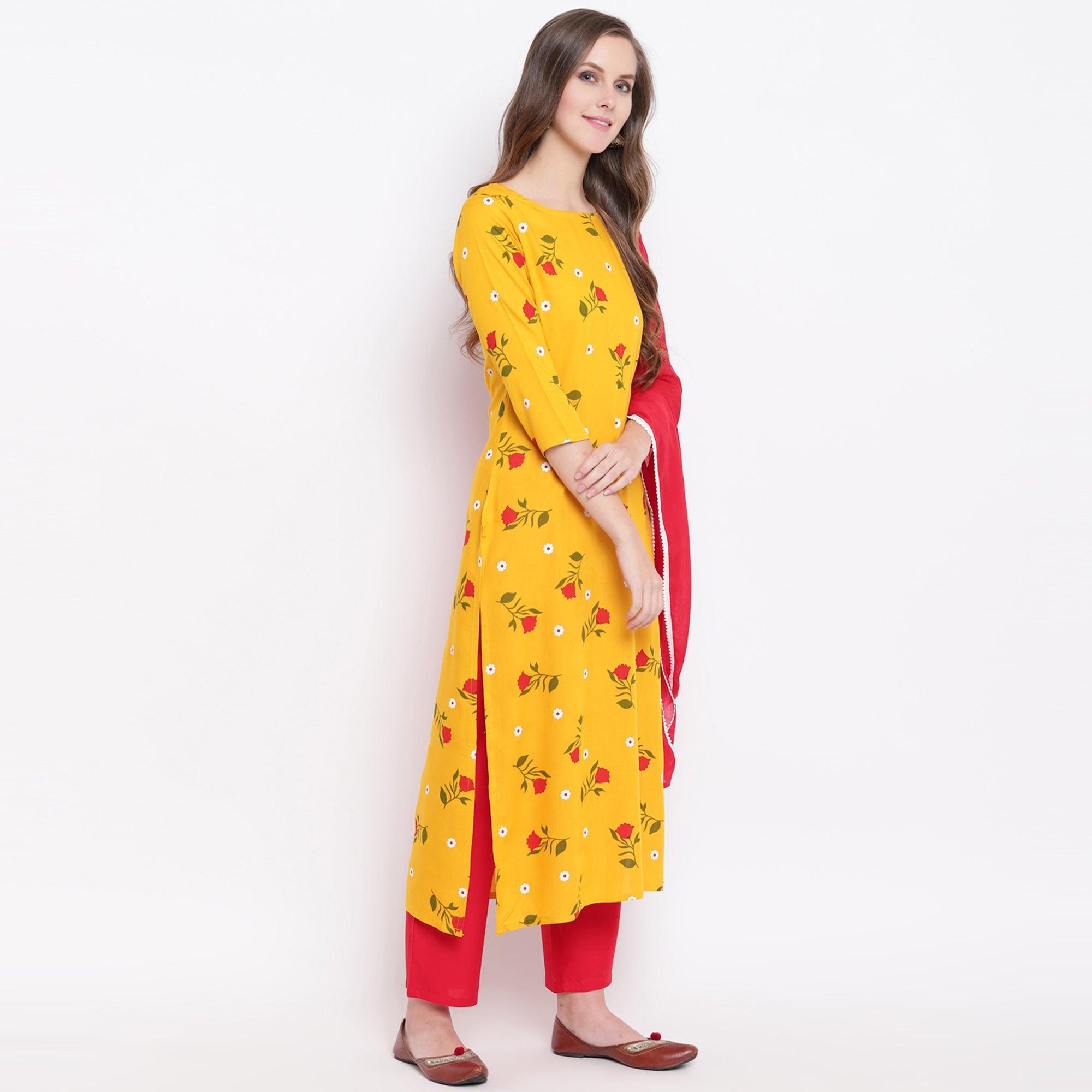 Yellow Casual Wear Floral Printed Rayon Suit - Peachmode