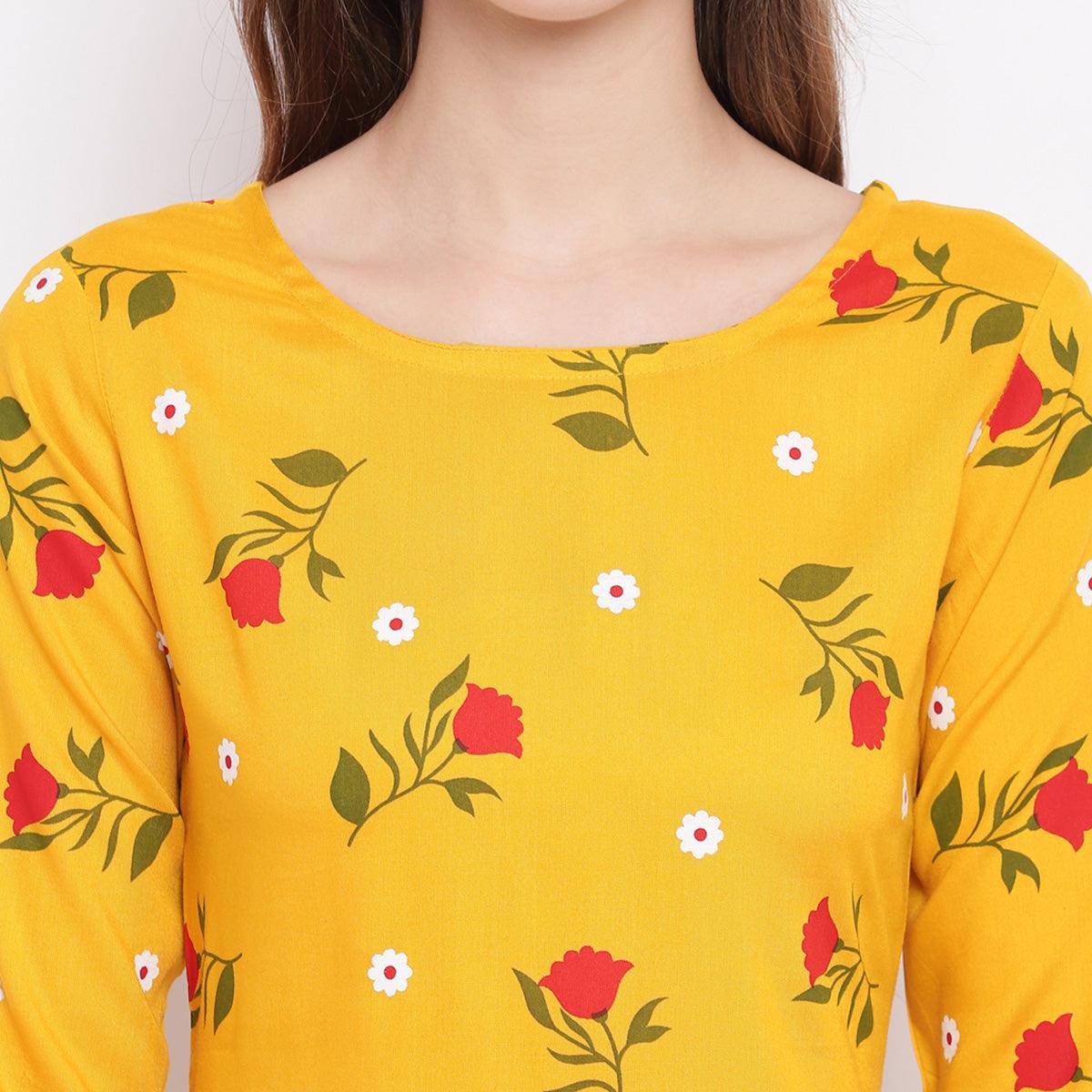 Yellow Casual Wear Floral Printed Rayon Suit - Peachmode