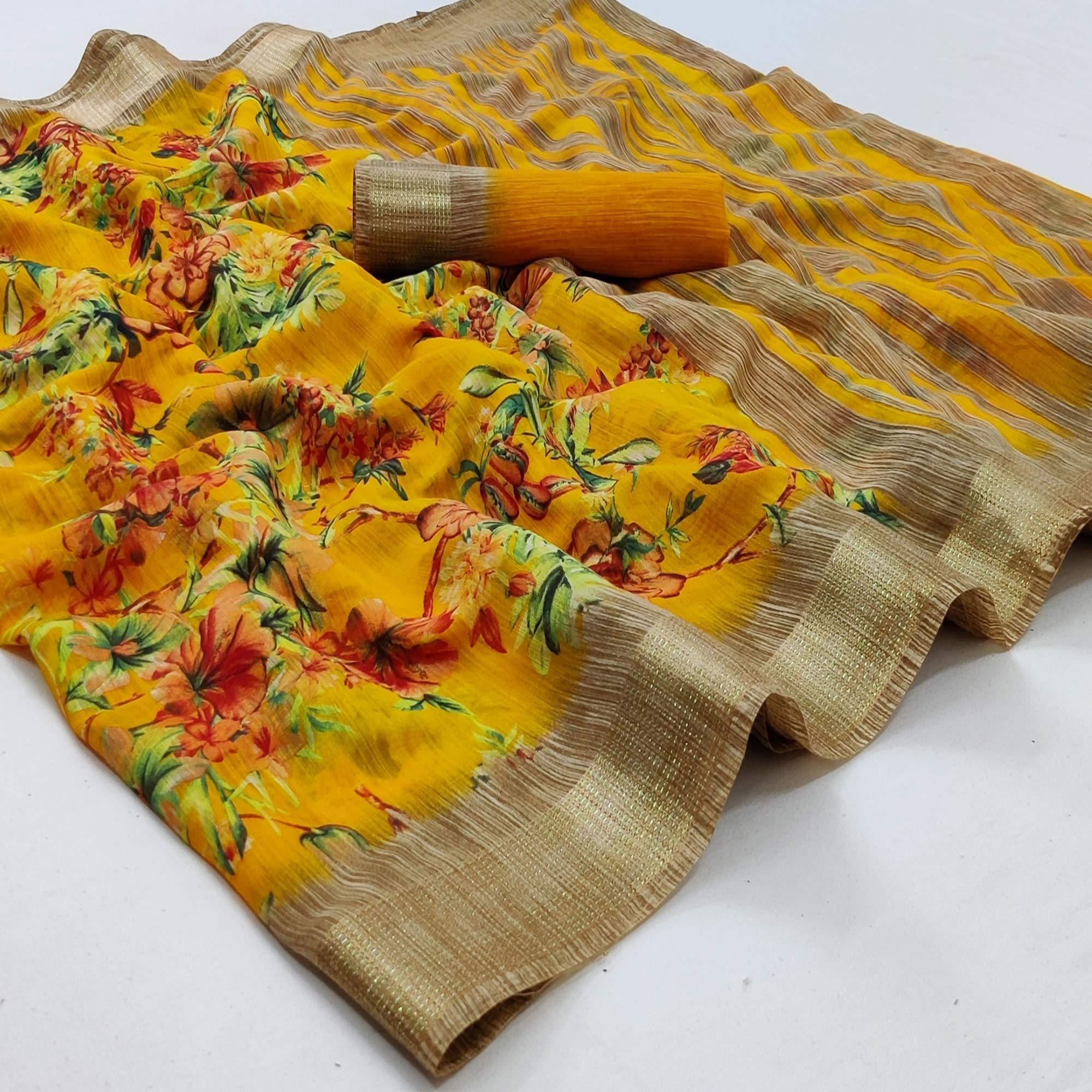 Yellow Casual Wear Floral Printed With Jari Border Cotton Saree - Peachmode