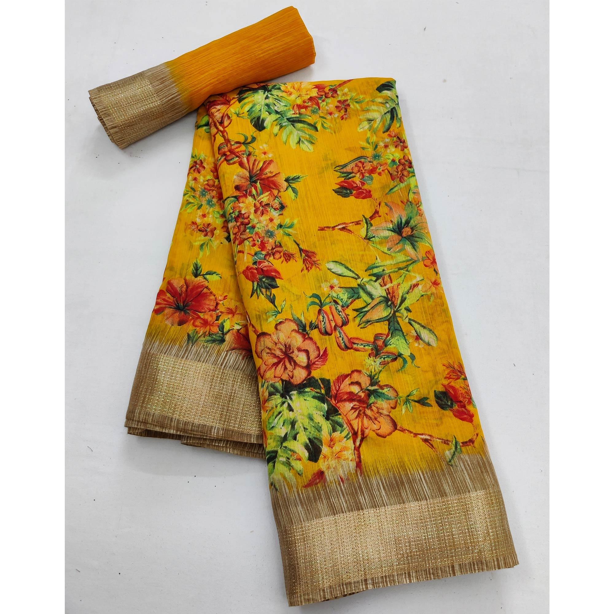 Yellow Casual Wear Floral Printed With Jari Border Cotton Saree - Peachmode
