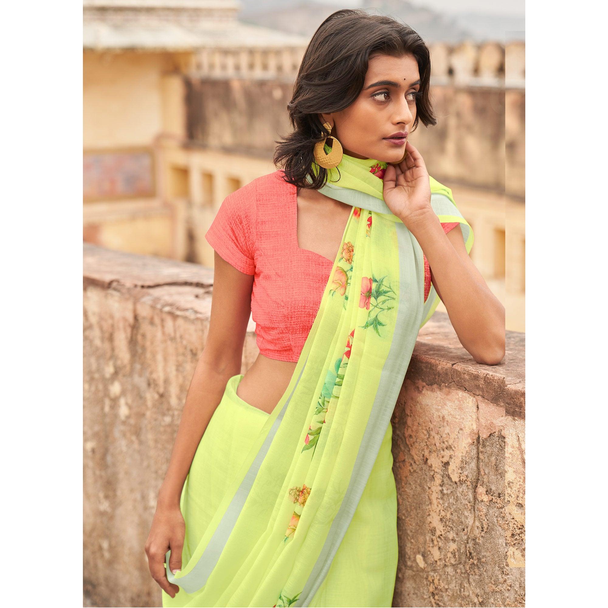 Yellow Casual Wear Floral Printed Zari Border Soft Linen Cotton Saree - Peachmode