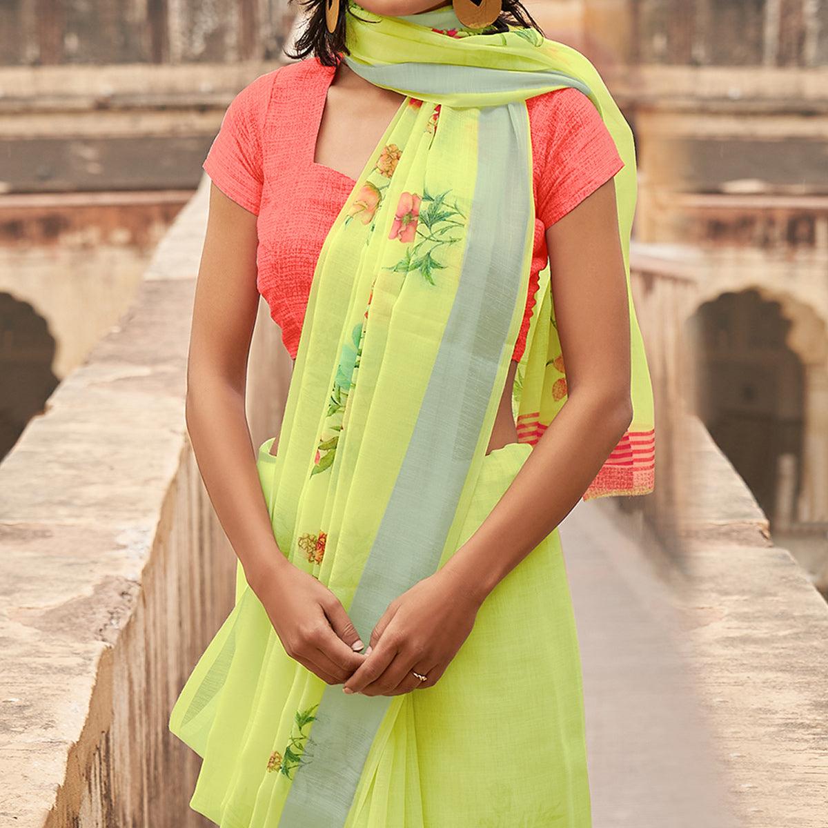 Yellow Casual Wear Floral Printed Zari Border Soft Linen Cotton Saree - Peachmode