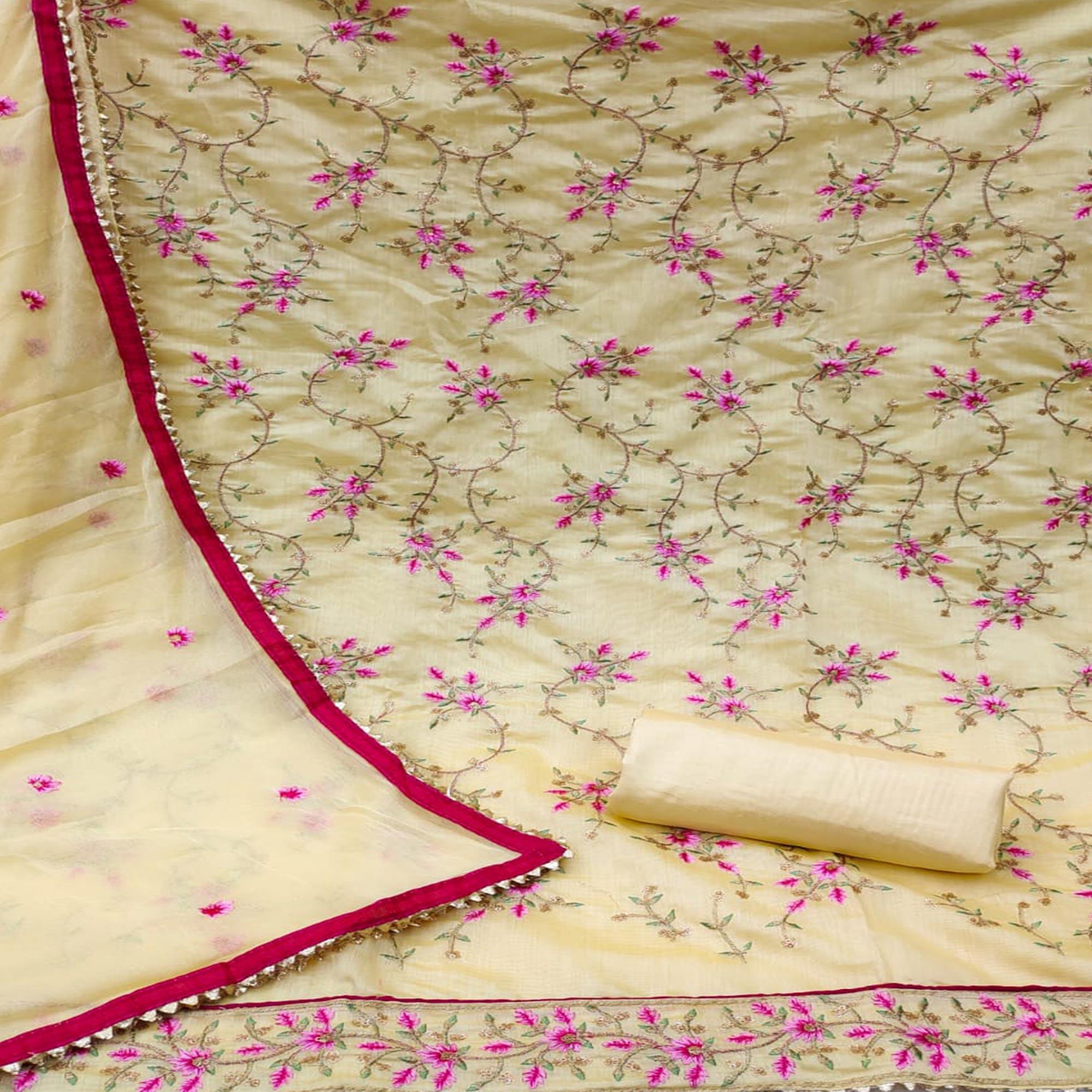 Yellow Casual Wear Floral Sequence Embroidery Chanderi Dress Material - Peachmode