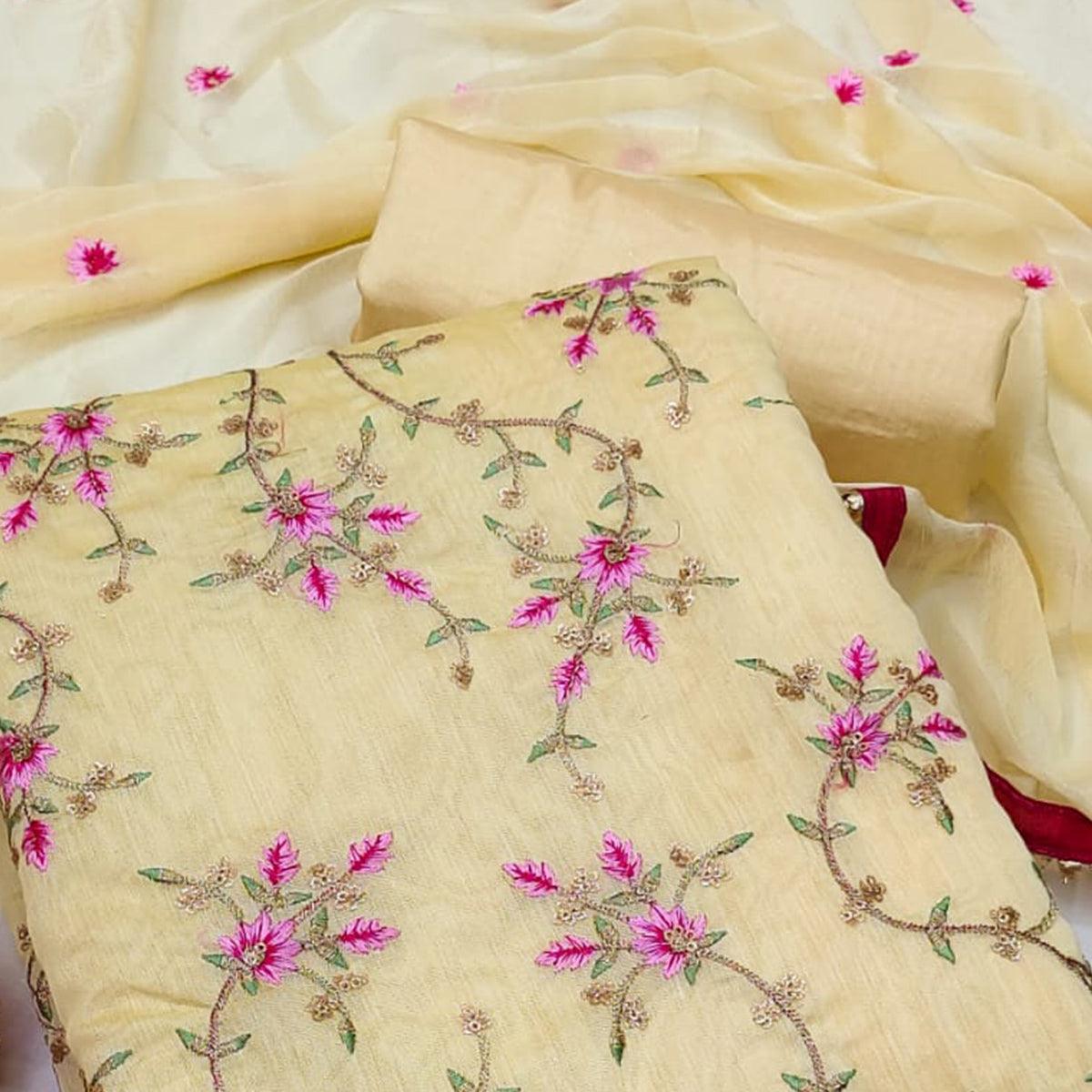Yellow Casual Wear Floral Sequence Embroidery Chanderi Dress Material - Peachmode