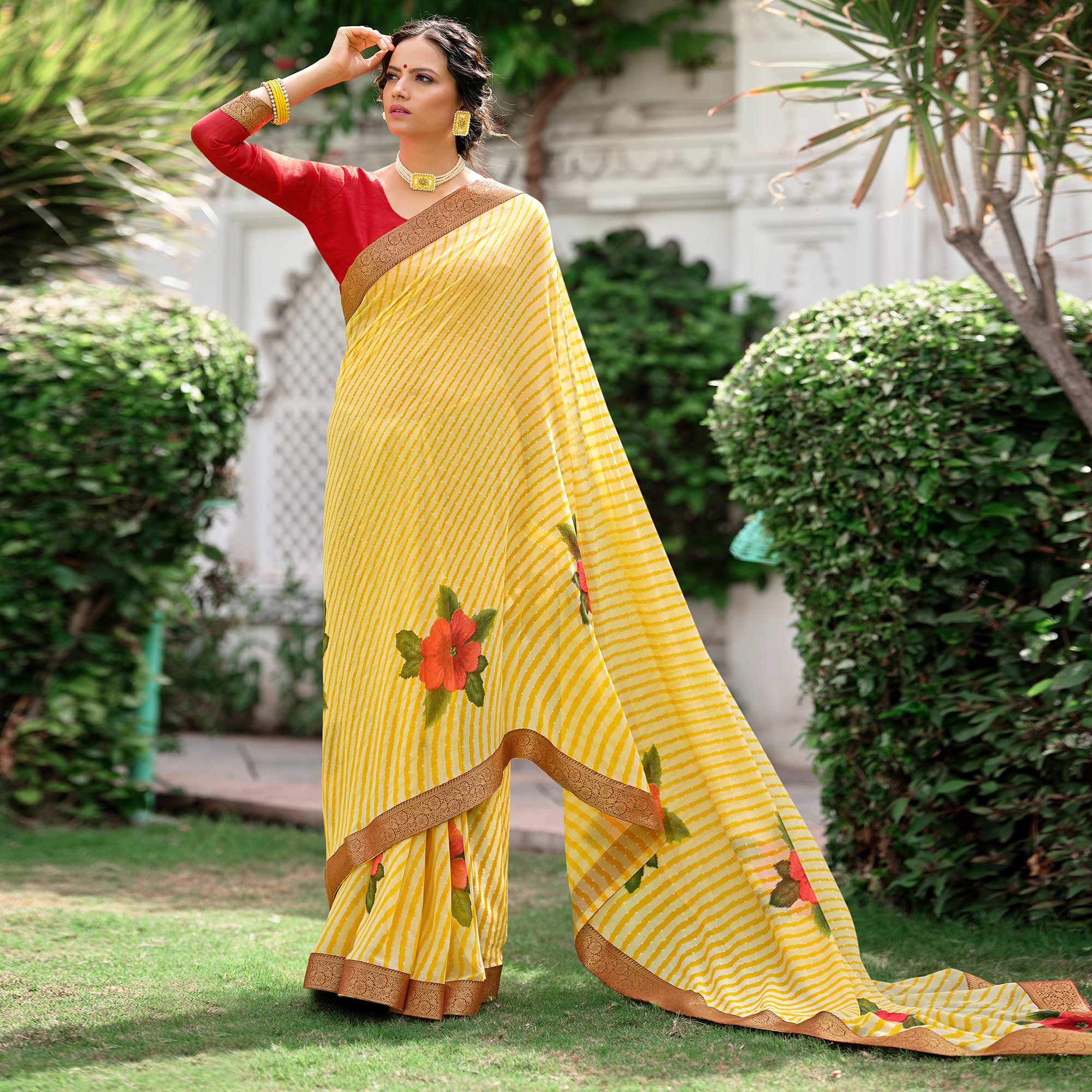 Yellow Casual Wear Floral With Striped Printed Georgette Saree - Peachmode