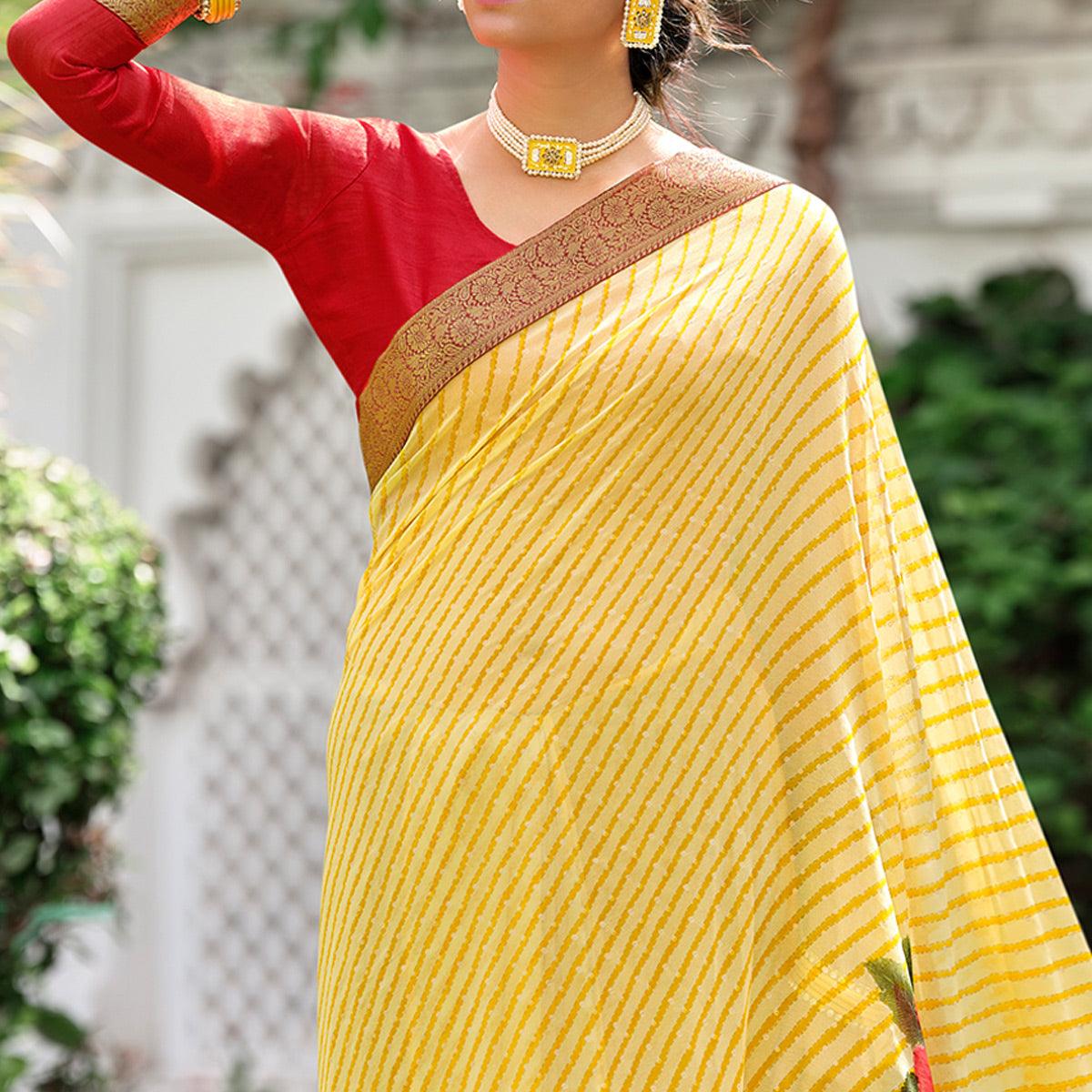 Yellow Casual Wear Floral With Striped Printed Georgette Saree - Peachmode