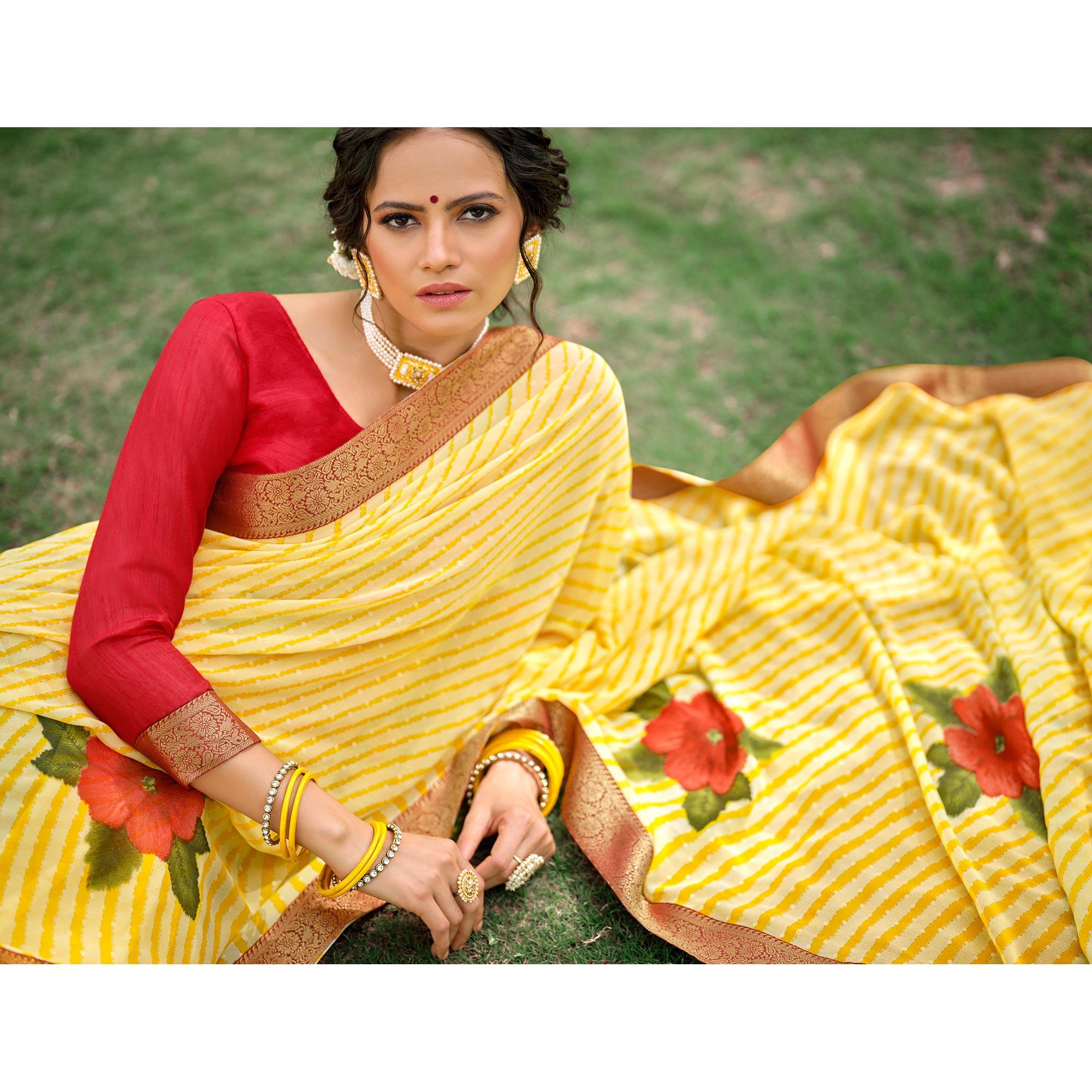 Yellow Casual Wear Floral With Striped Printed Georgette Saree - Peachmode