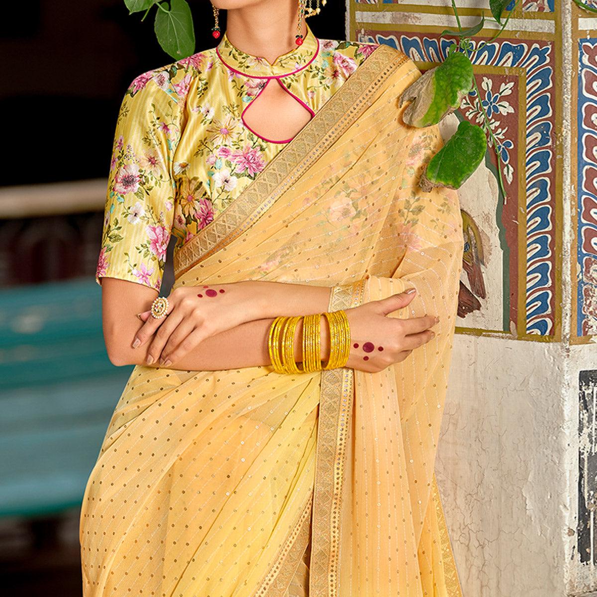 Yellow Casual Wear Foil Printed Georgette Saree - Peachmode