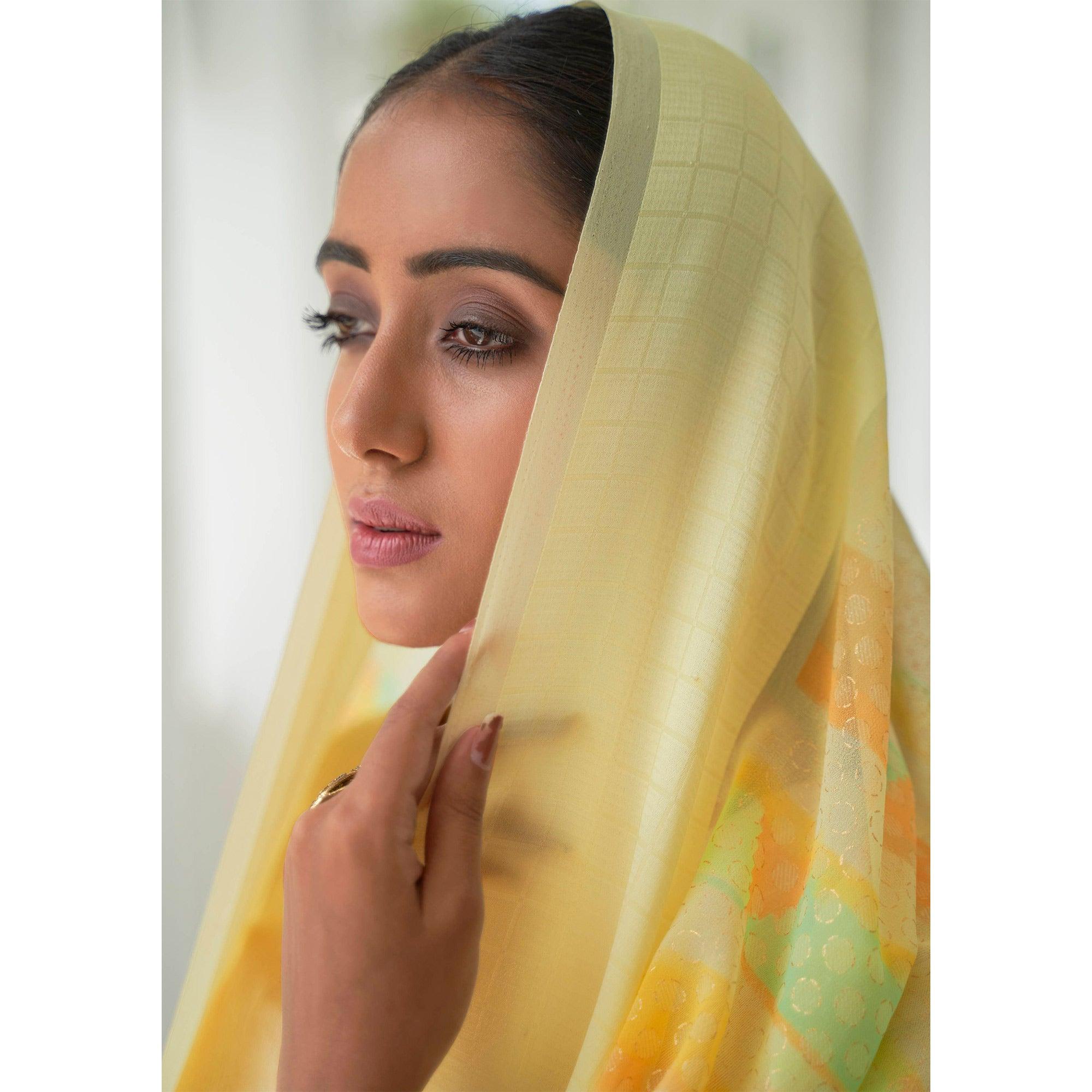 Yellow Casual Wear Foil Printed Georgette Saree With Jacquard Border - Peachmode