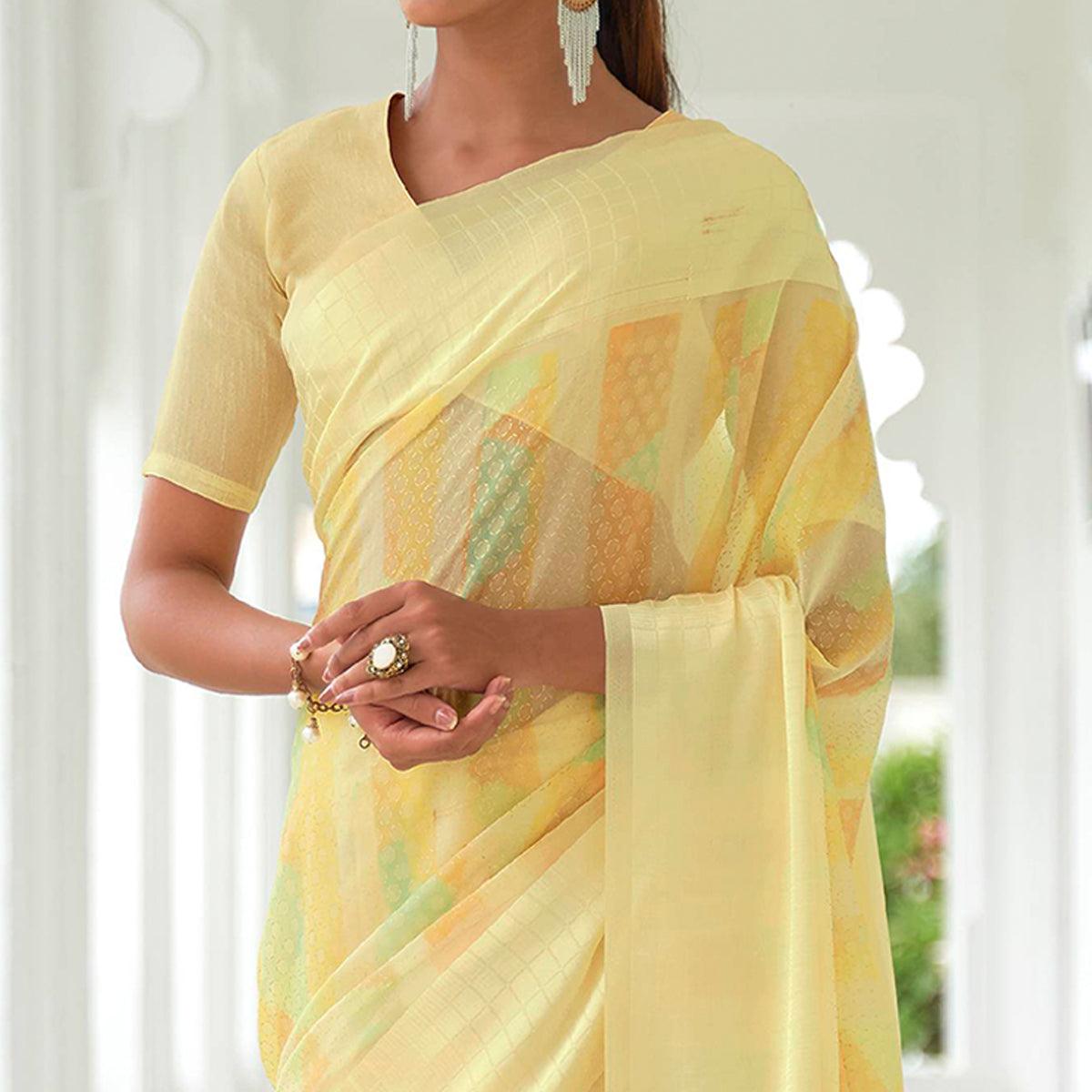 Yellow Casual Wear Foil Printed Georgette Saree With Jacquard Border - Peachmode