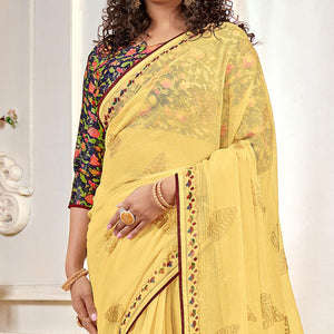 Yellow Casual Wear Foil Printed Pure Chiffon Saree - Peachmode