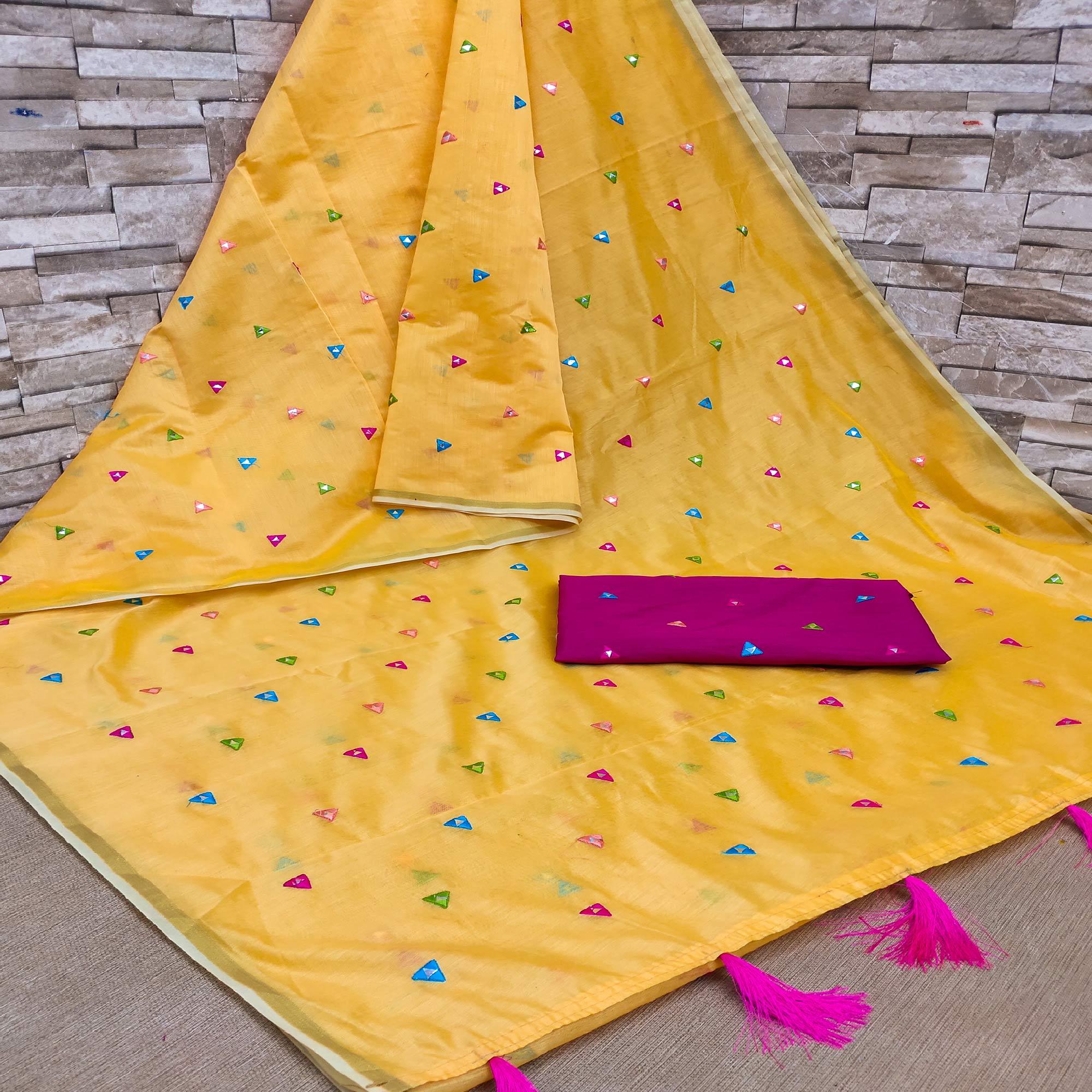 Yellow Casual Wear Geometric Embroidered Chanderi Saree - Peachmode