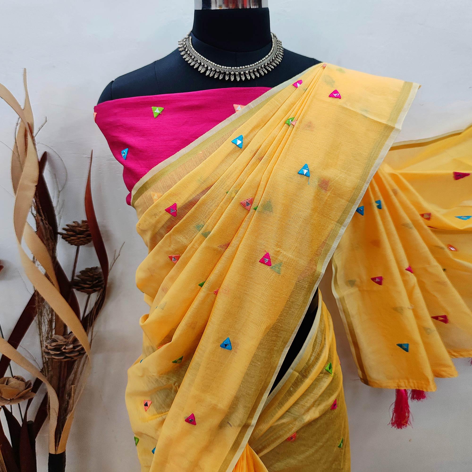 Yellow Casual Wear Geometric Embroidered Chanderi Saree - Peachmode