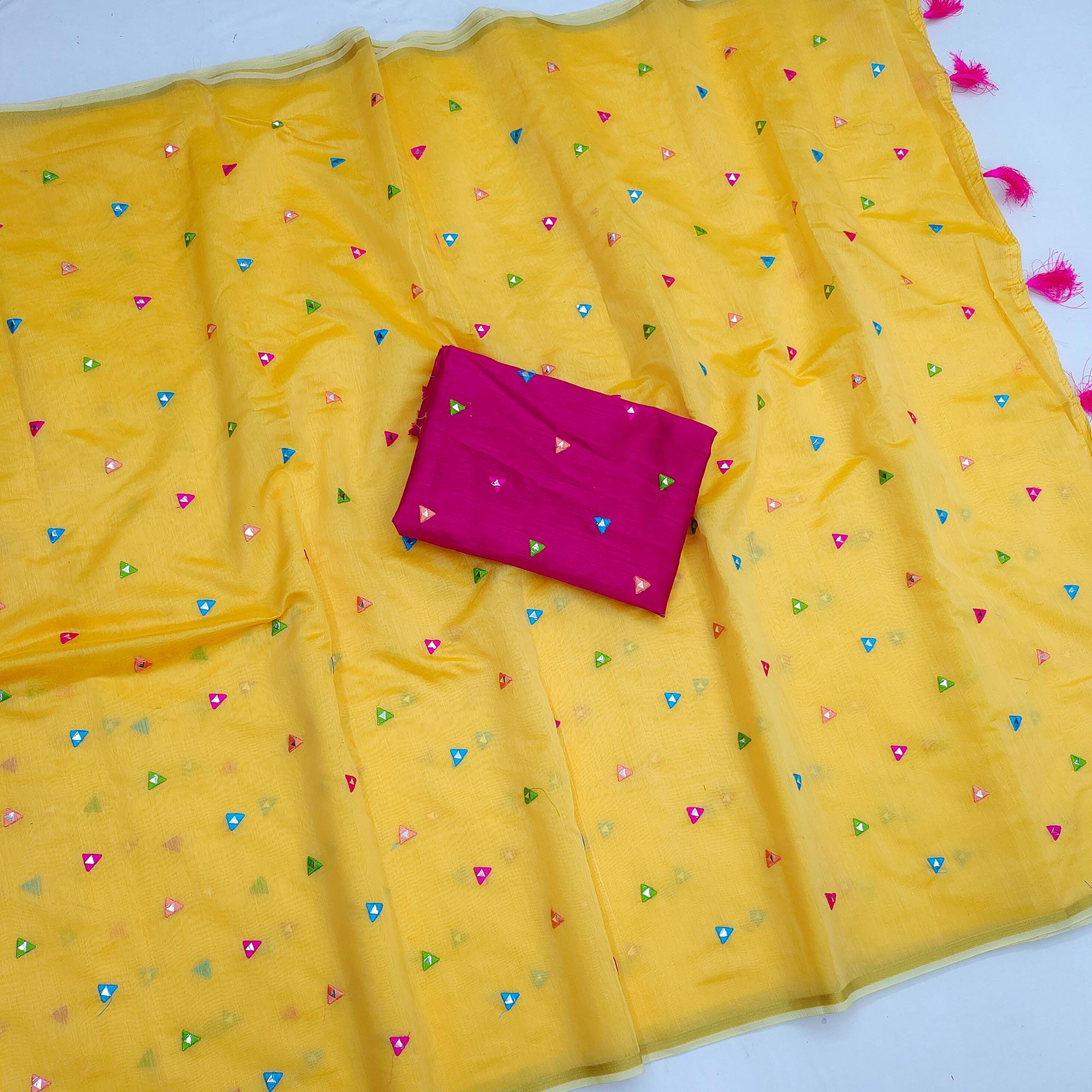Yellow Casual Wear Geometric Embroidered Chanderi Saree - Peachmode