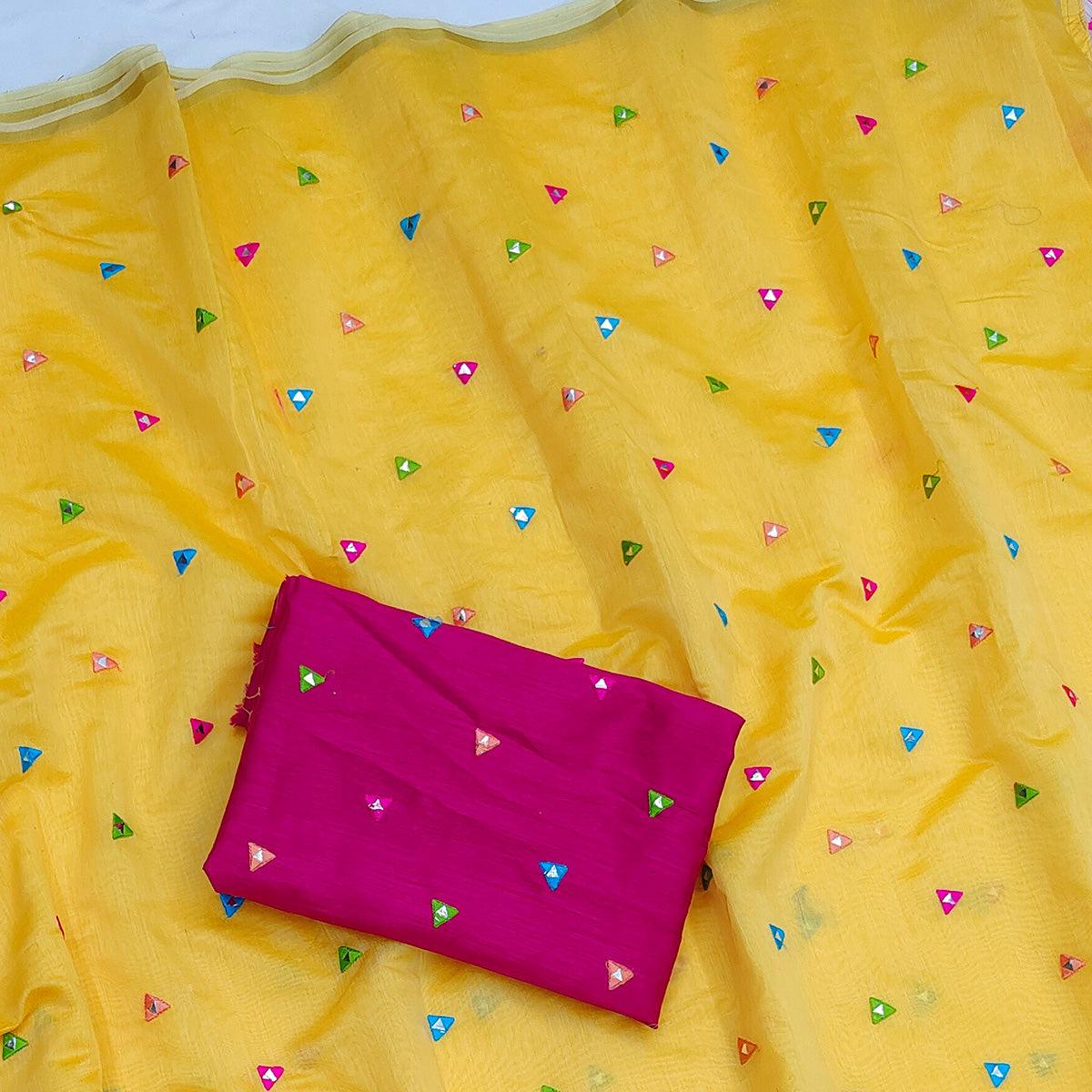 Yellow Casual Wear Geometric Embroidered Chanderi Saree - Peachmode