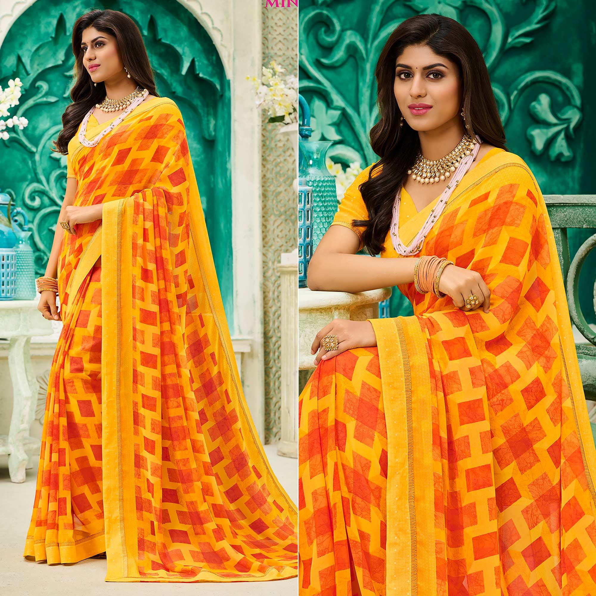 Yellow Casual Wear Geometric Printed Georgette Saree - Peachmode