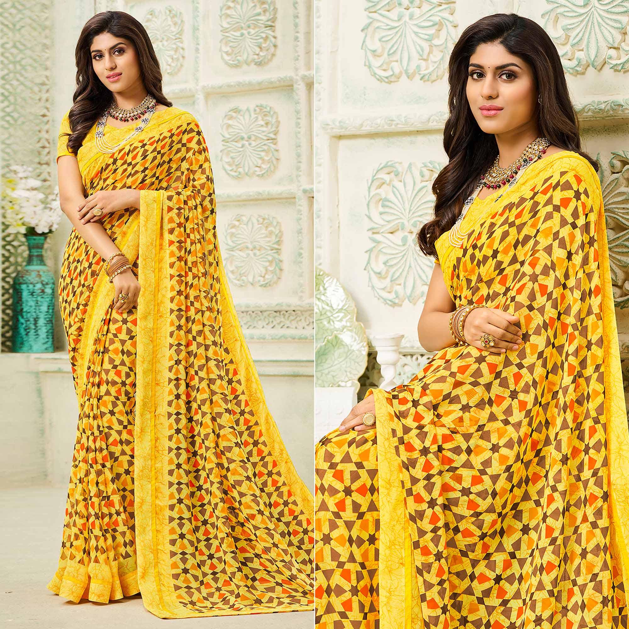 Yellow Casual Wear Geometric Printed Georgette Saree - Peachmode