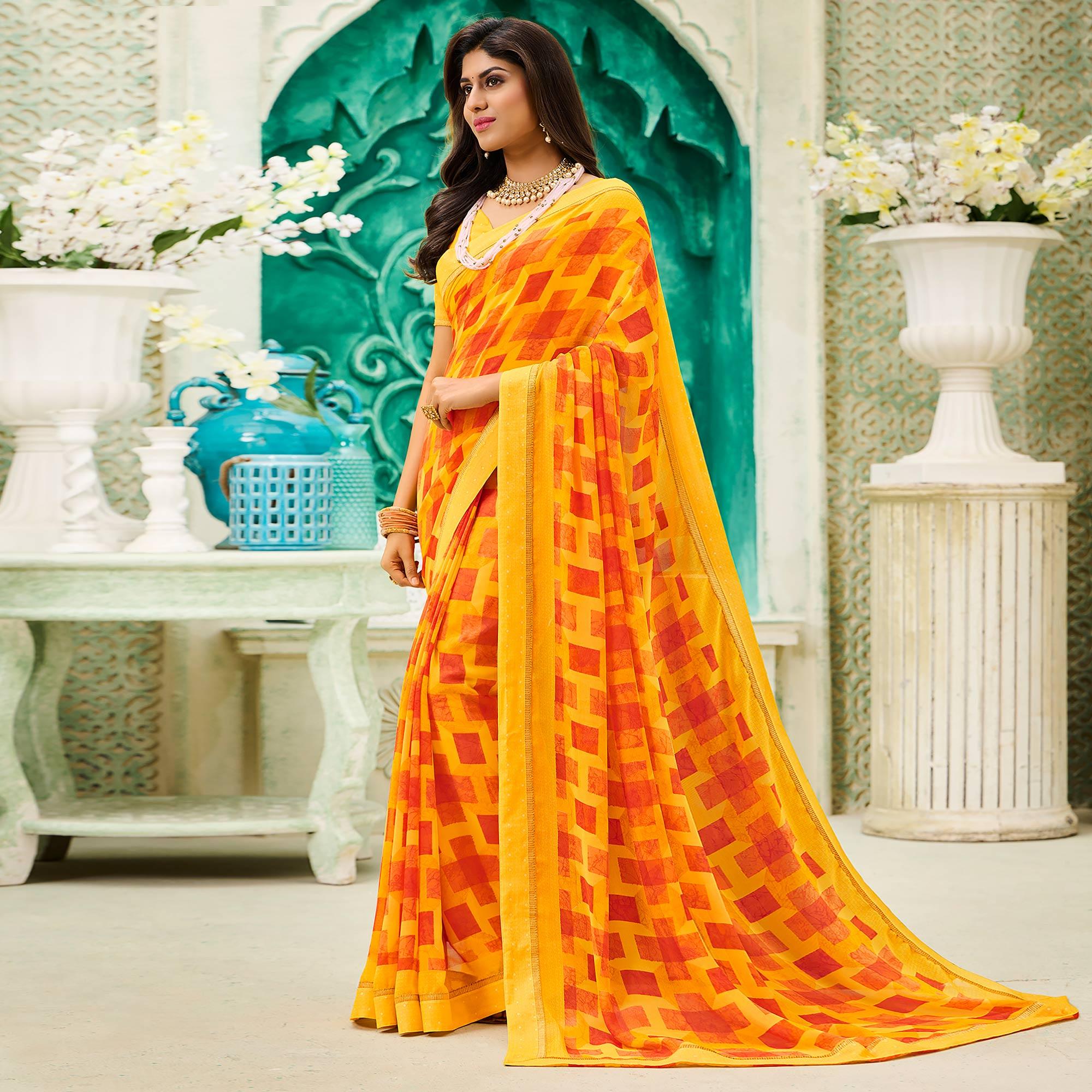Yellow Casual Wear Geometric Printed Georgette Saree - Peachmode