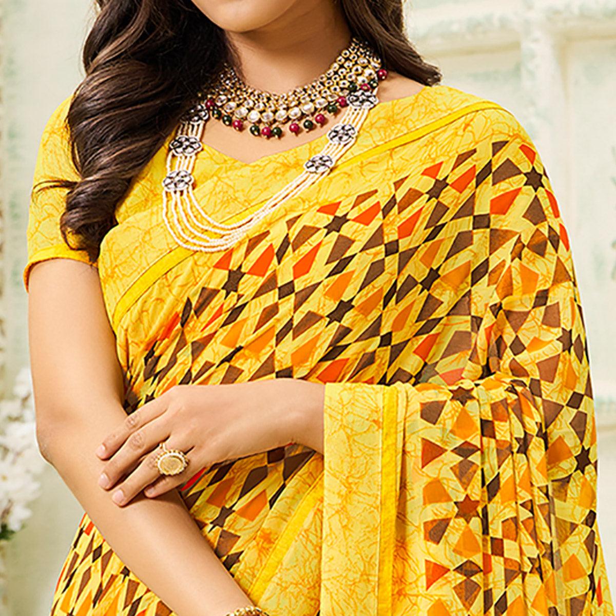 Yellow Casual Wear Geometric Printed Georgette Saree - Peachmode