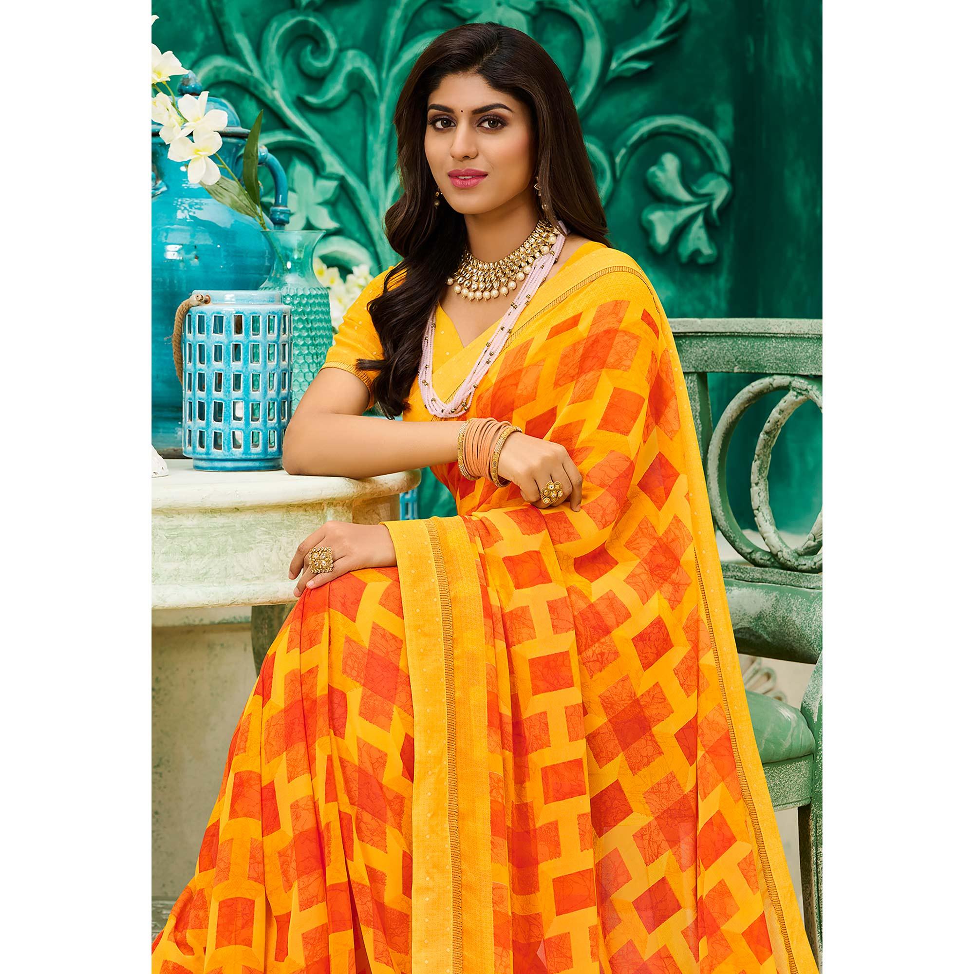 Yellow Casual Wear Geometric Printed Georgette Saree - Peachmode