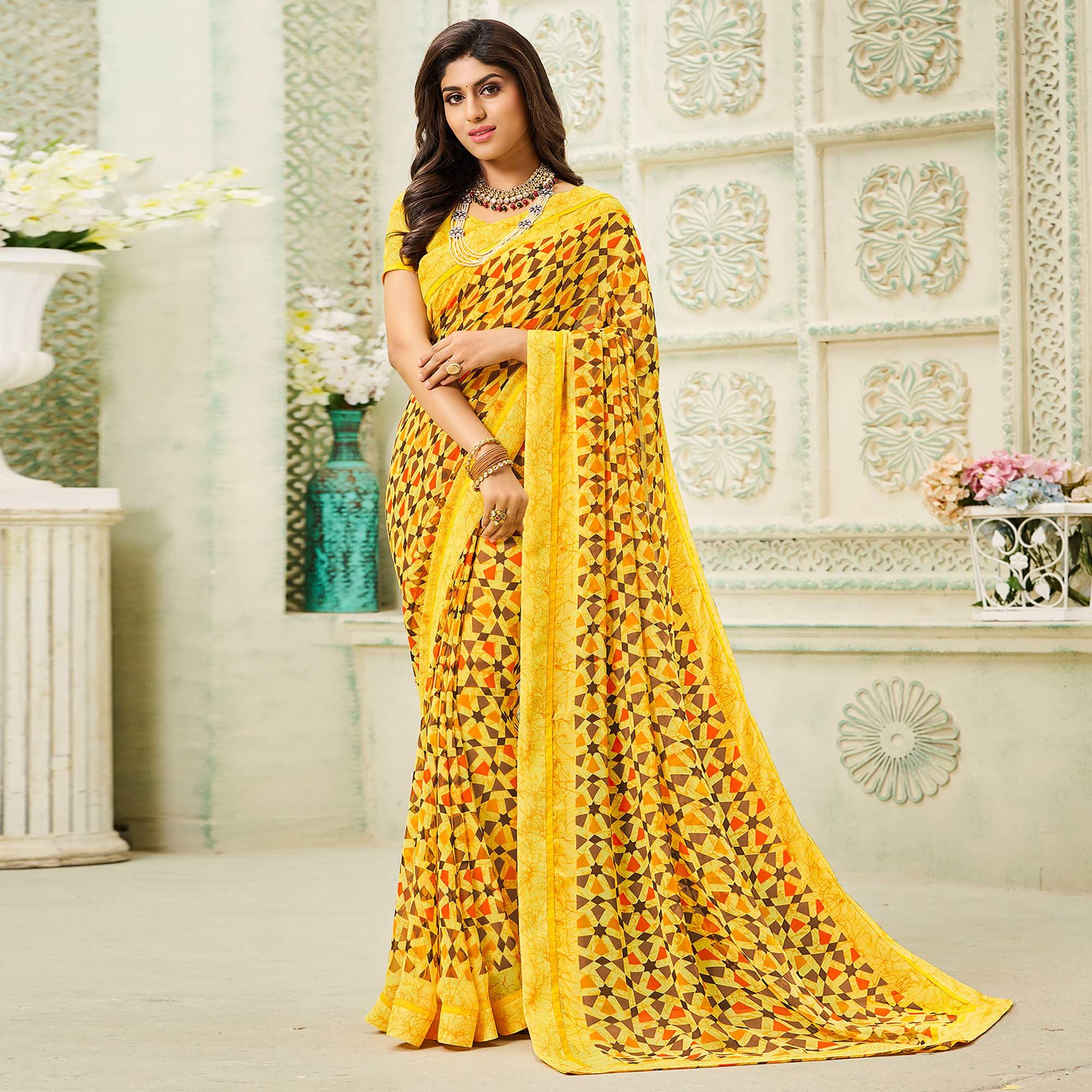 Yellow Casual Wear Geometric Printed Georgette Saree - Peachmode