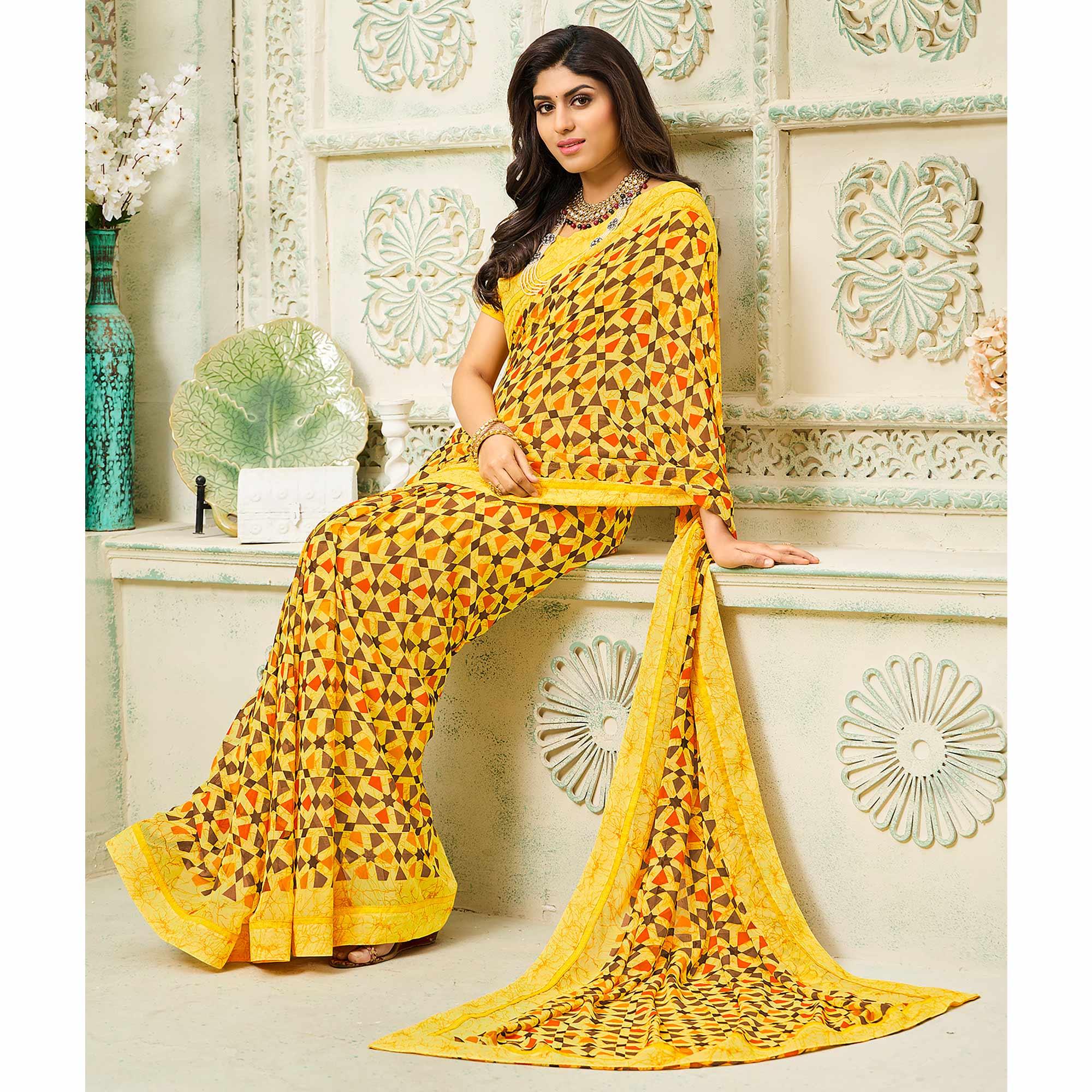 Yellow Casual Wear Geometric Printed Georgette Saree - Peachmode
