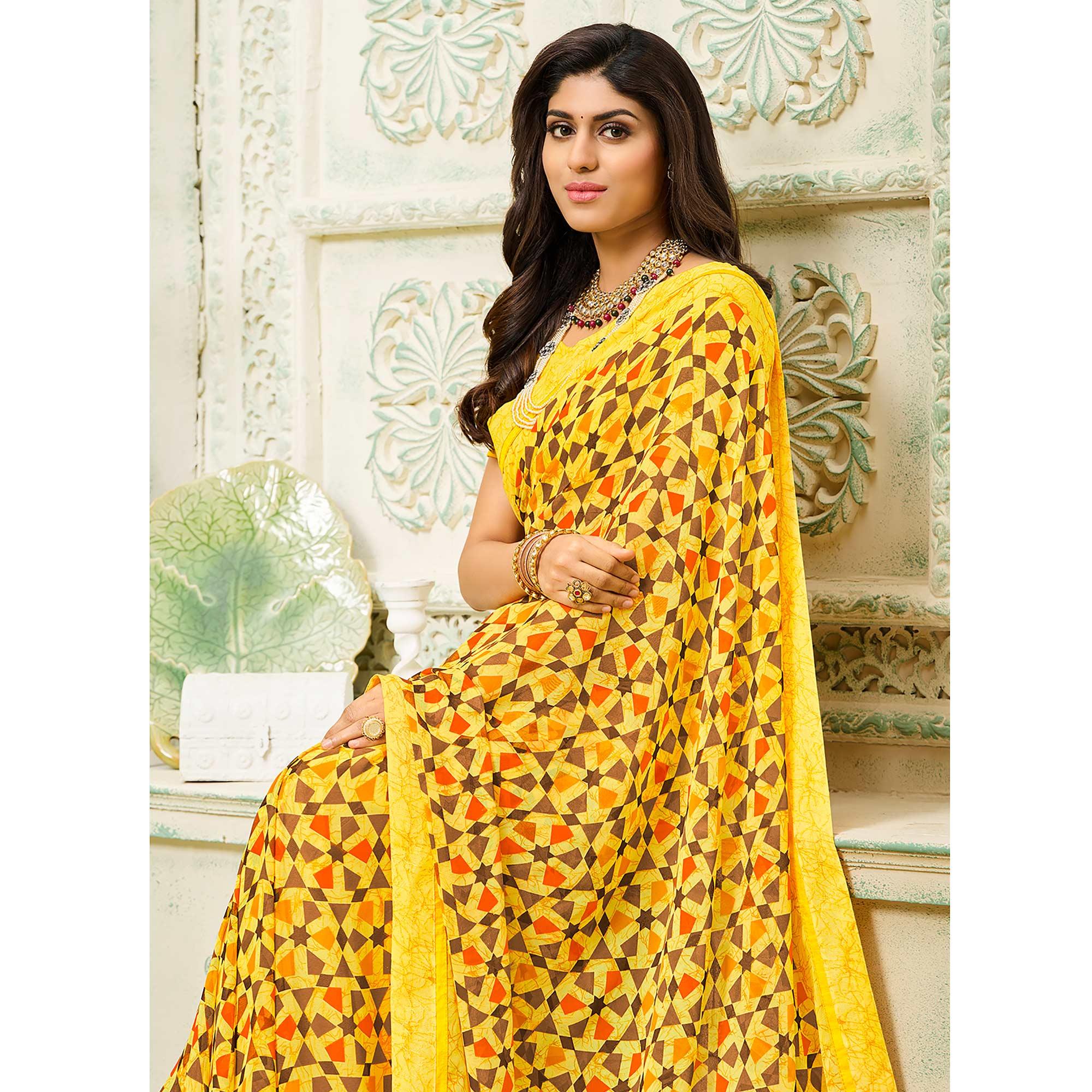 Yellow Casual Wear Geometric Printed Georgette Saree - Peachmode