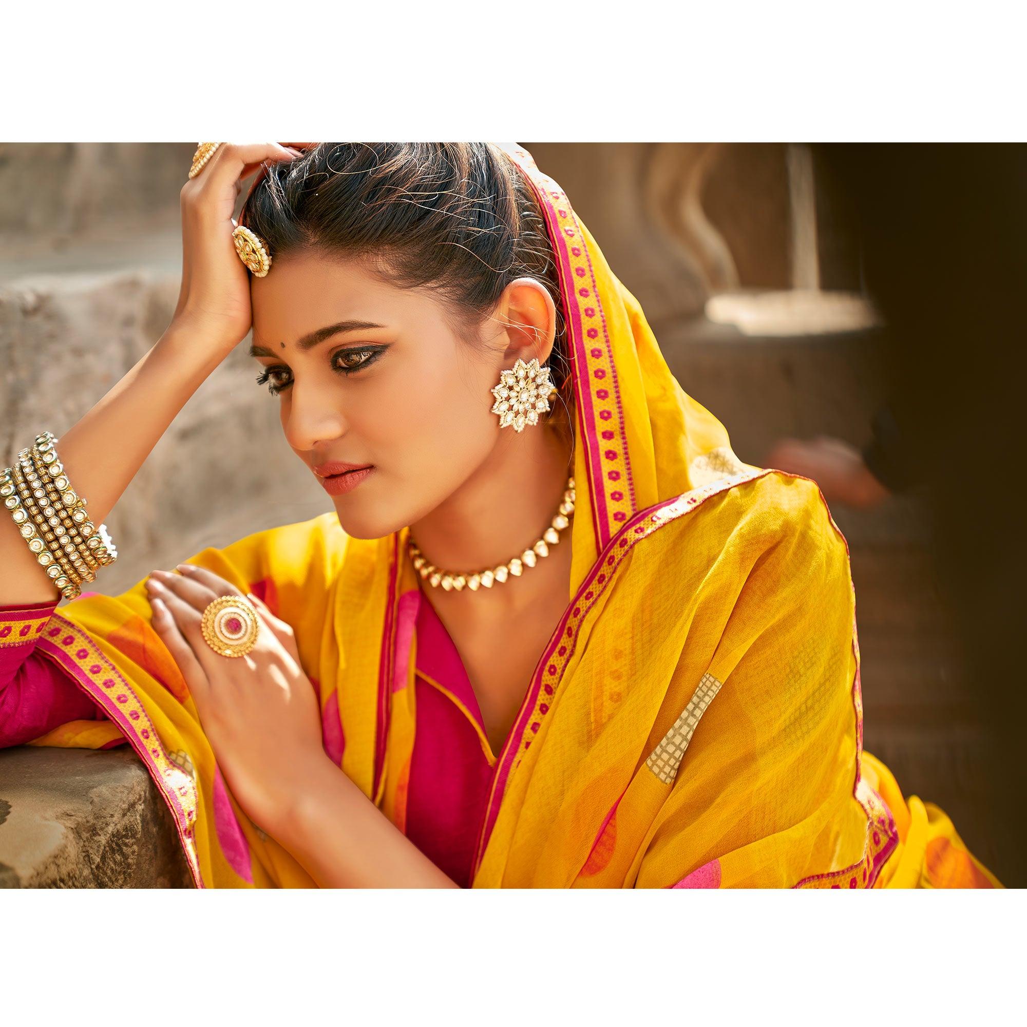Yellow  Casual Wear Geometric Printed Georgette Saree With Fancy Lace - Peachmode