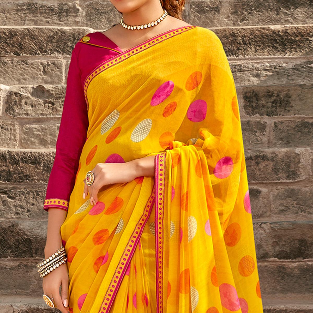 Yellow  Casual Wear Geometric Printed Georgette Saree With Fancy Lace - Peachmode