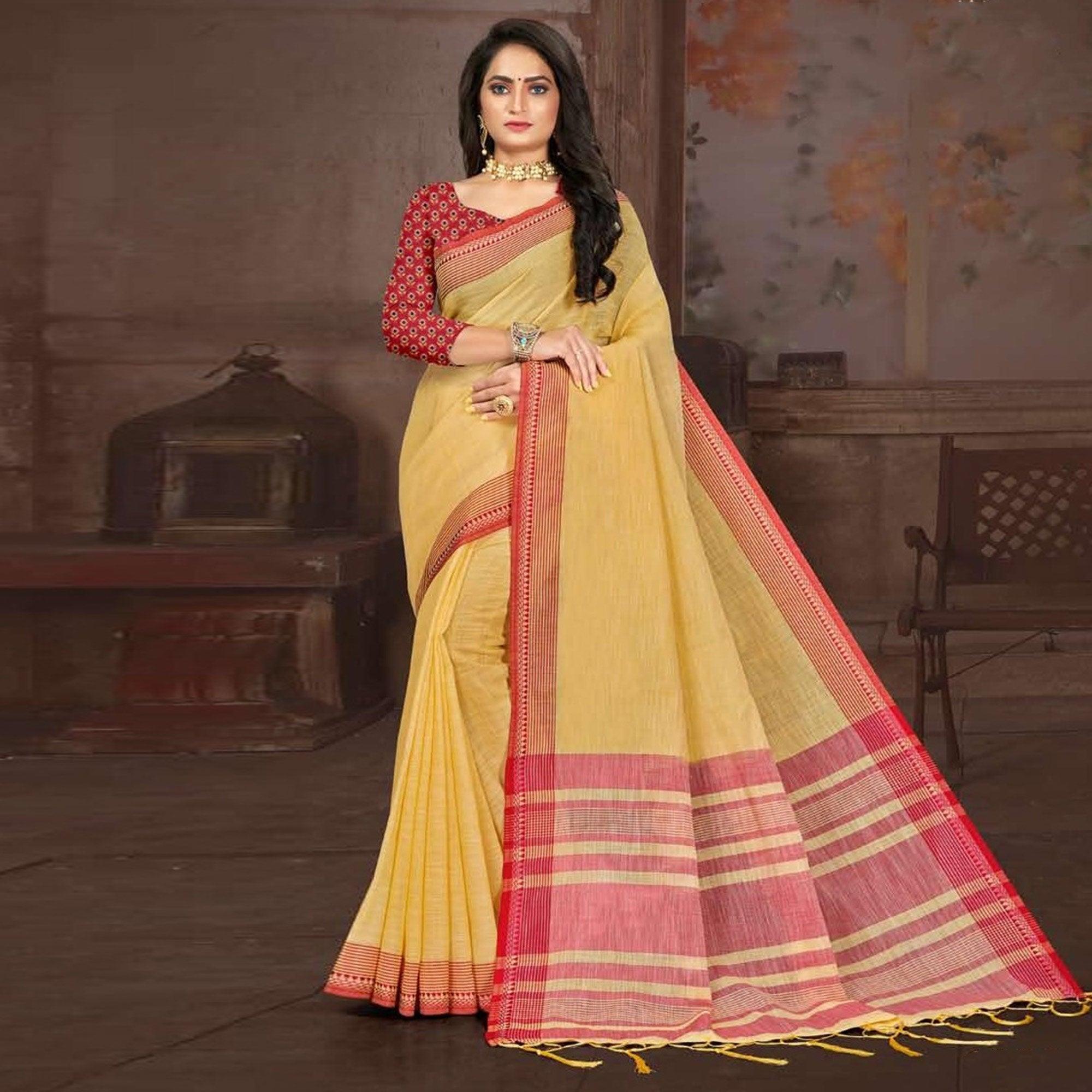 Yellow Casual Wear Jari Border And Pallu Linen Saree - Peachmode