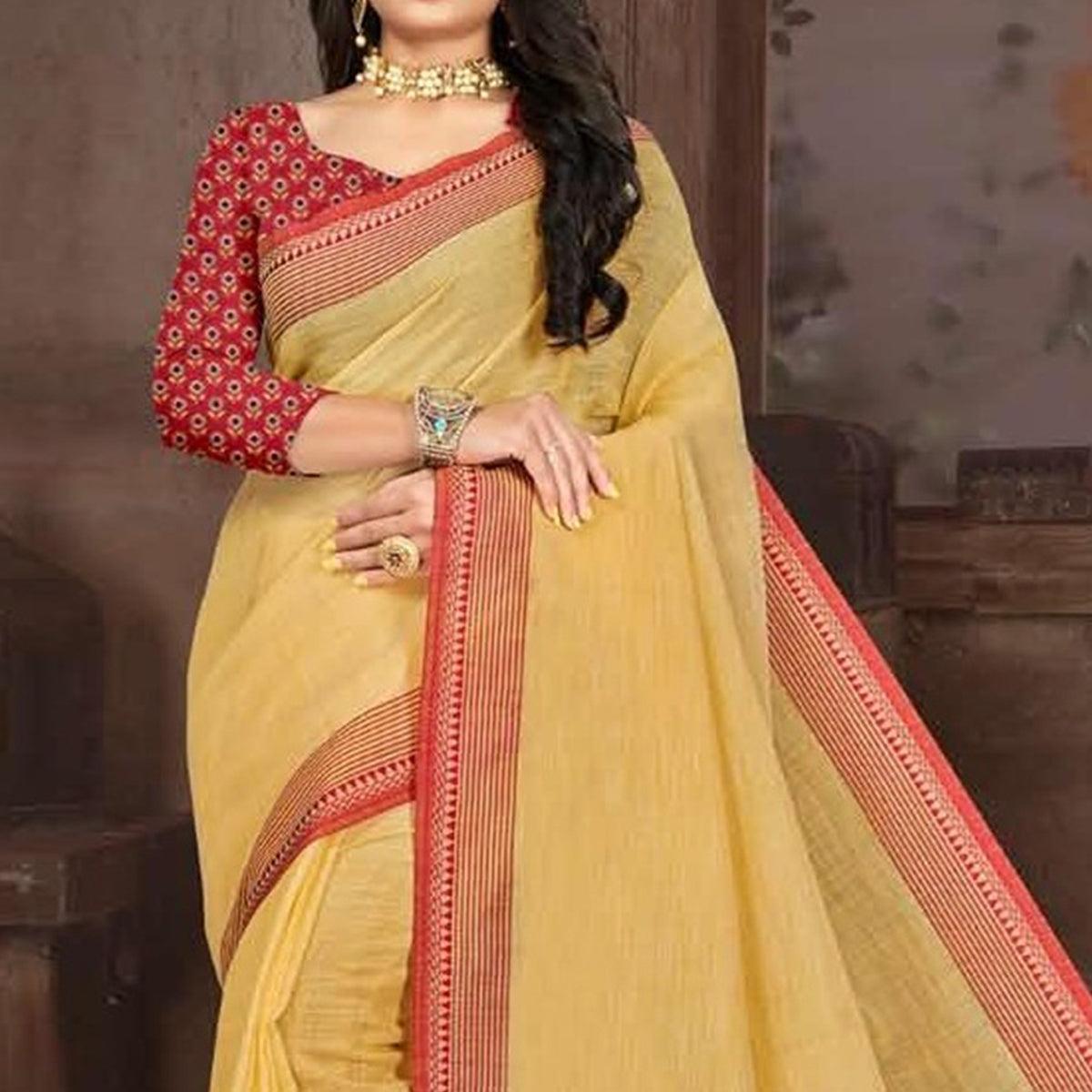 Yellow Casual Wear Jari Border And Pallu Linen Saree - Peachmode