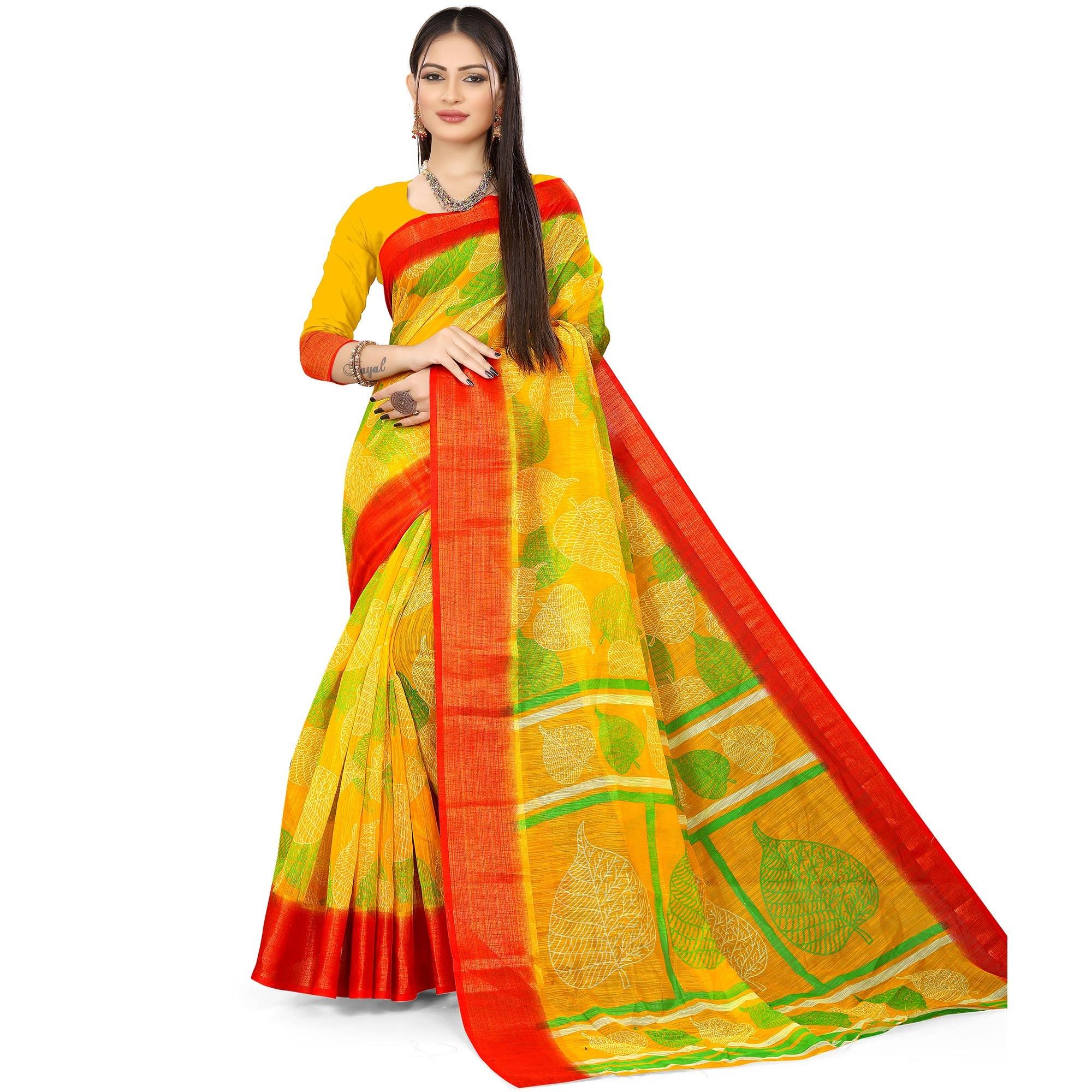 Yellow Casual Wear Leaf Printed Cotton Linen Saree - Peachmode