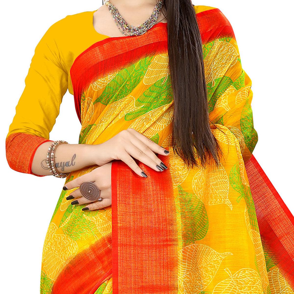 Yellow Casual Wear Leaf Printed Cotton Linen Saree - Peachmode