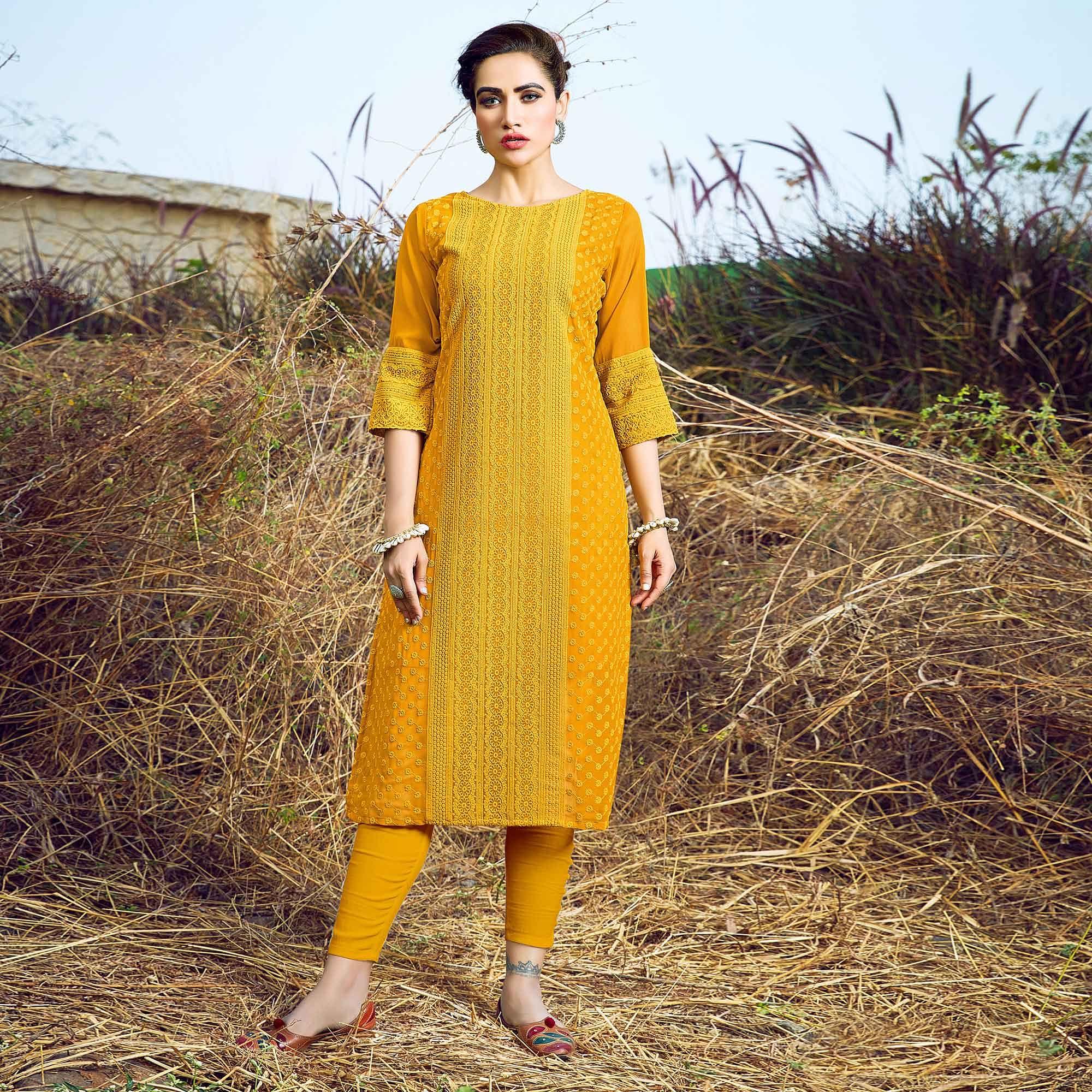 Yellow Casual Wear Lucknowi Embroidered Georgette Kurti - Peachmode