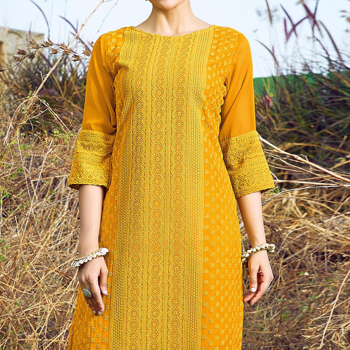 Yellow Casual Wear Lucknowi Embroidered Georgette Kurti - Peachmode