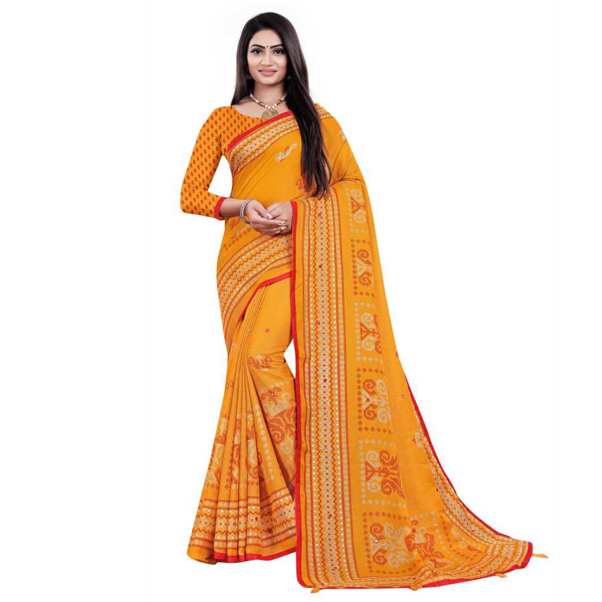 Yellow Casual Wear Print With Mirror Work Jute Saree - Peachmode