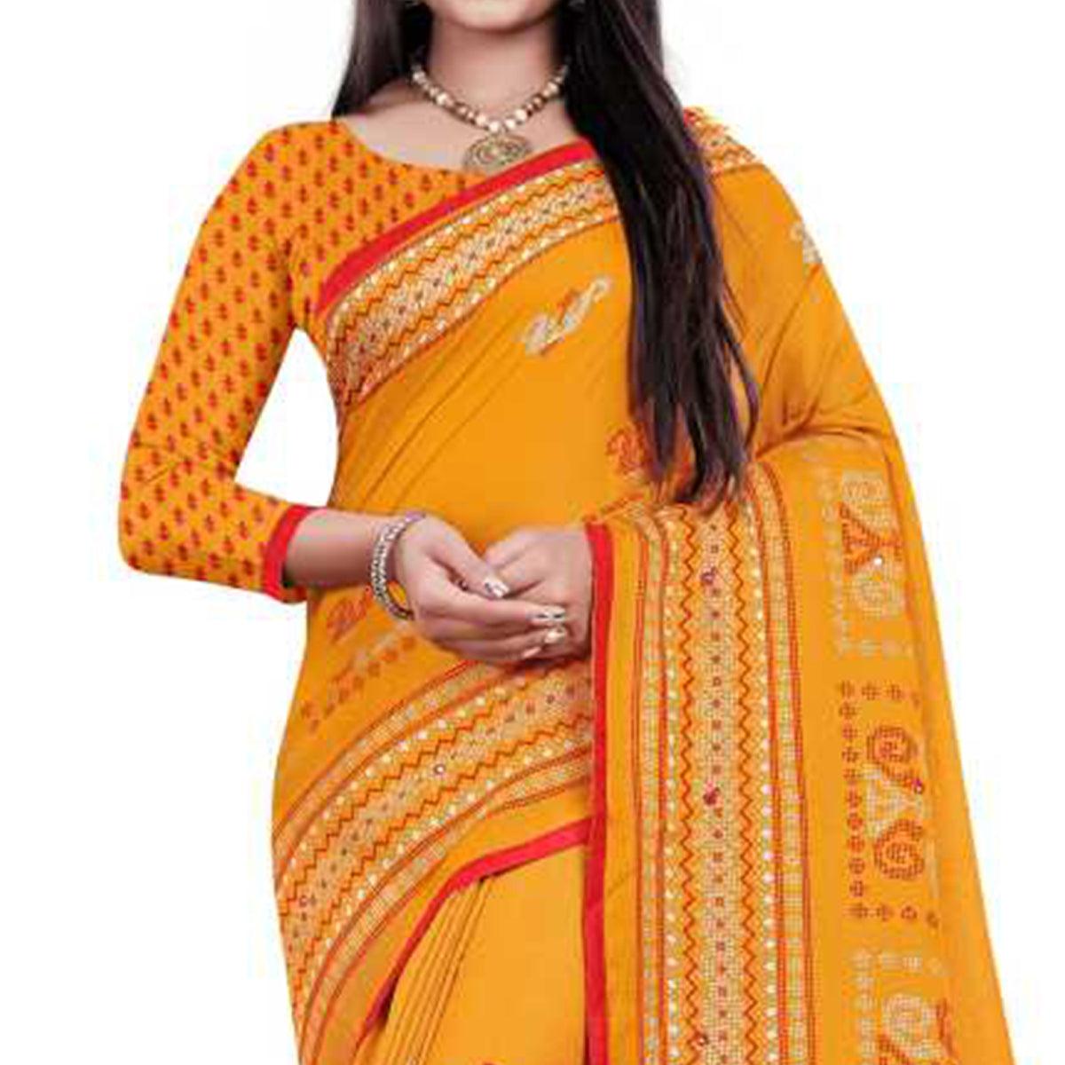 Yellow Casual Wear Print With Mirror Work Jute Saree - Peachmode
