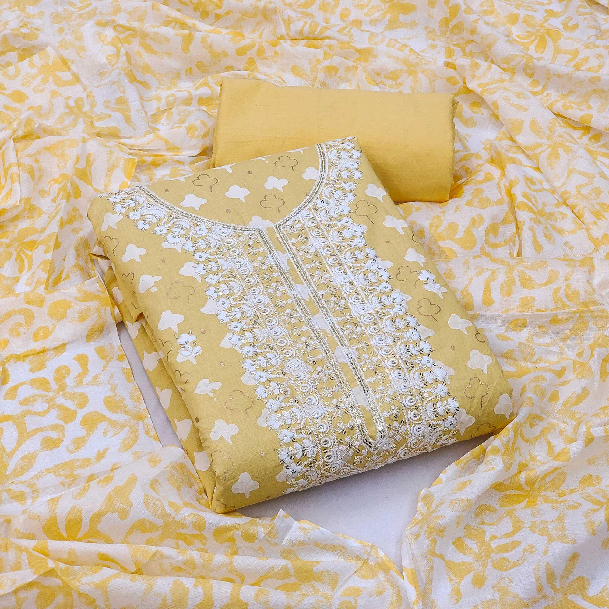 Yellow Casual Wear Print With Sequence Embroidered Cotton Dress Material - Peachmode