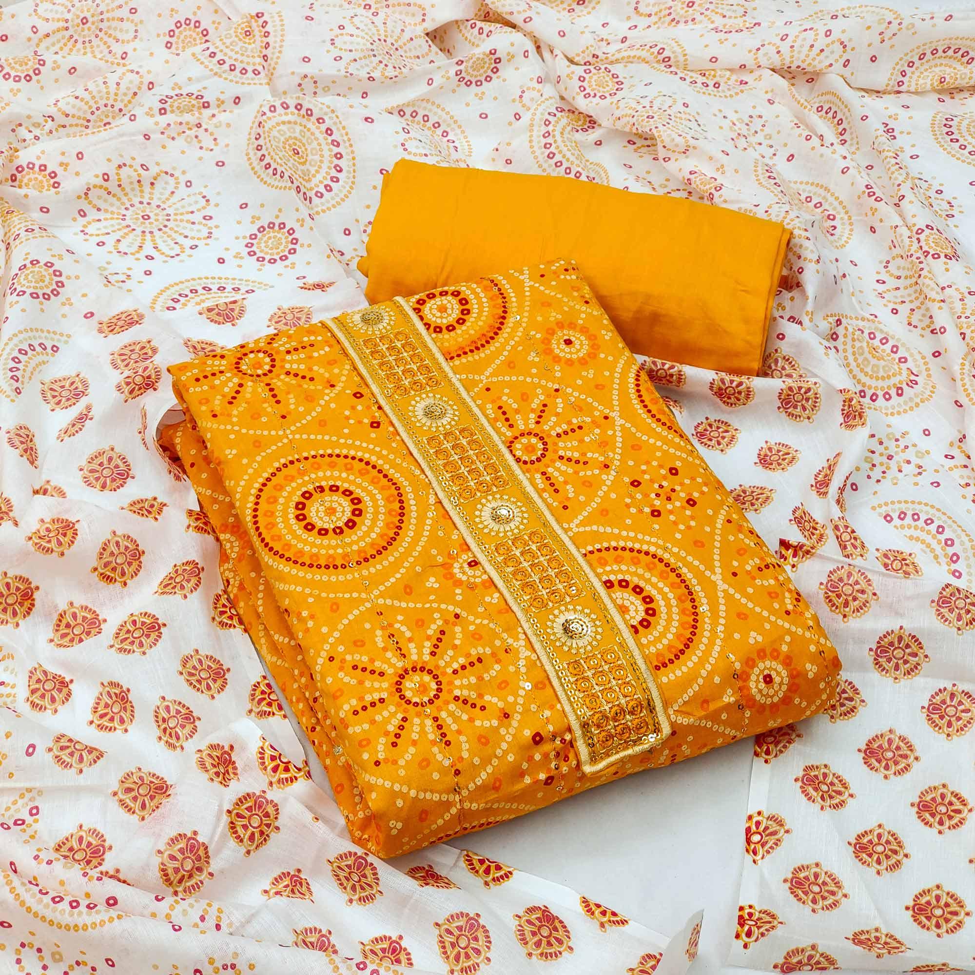 Yellow Casual Wear Print With Sequence Embroidered Cotton Dress Material - Peachmode