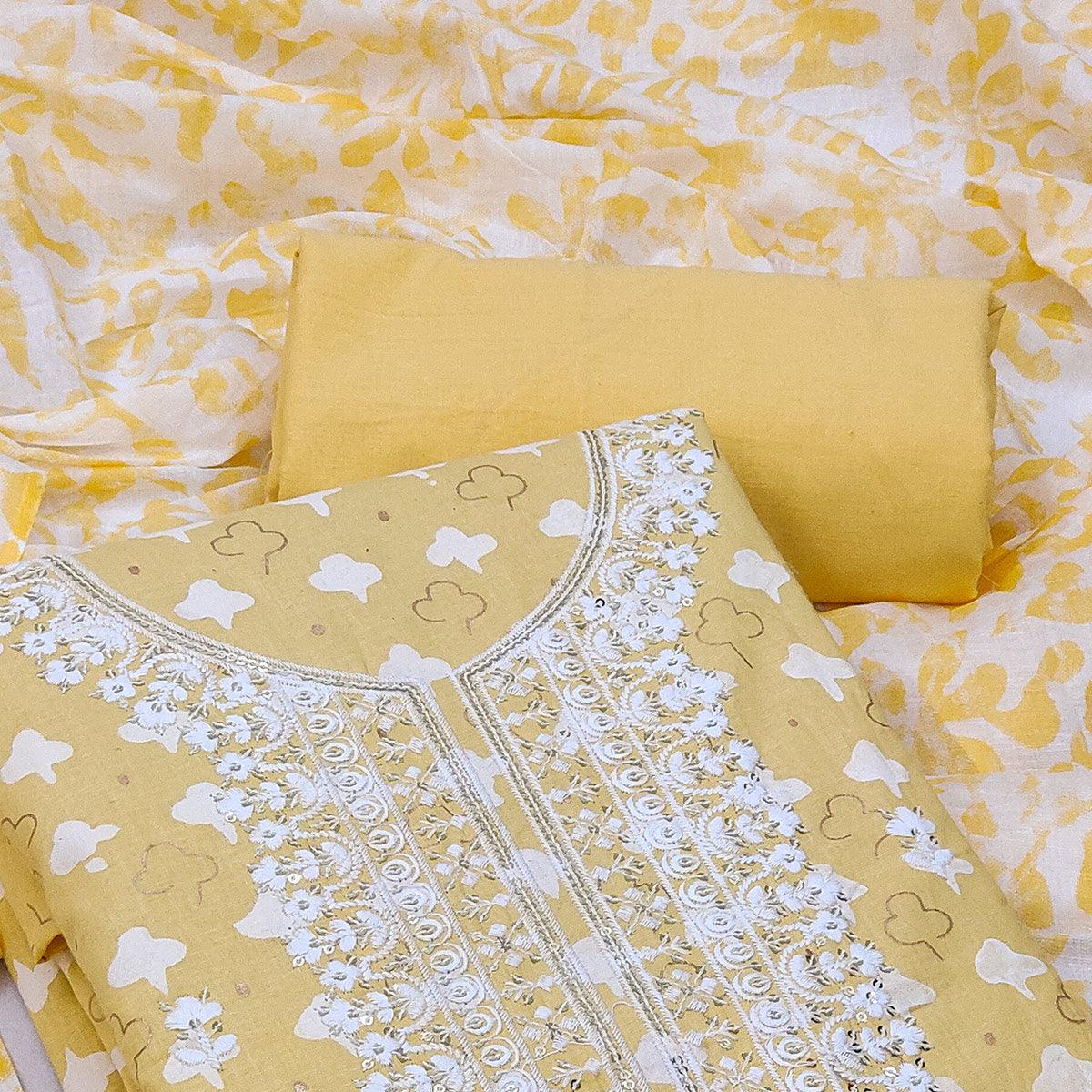 Yellow Casual Wear Print With Sequence Embroidered Cotton Dress Material - Peachmode