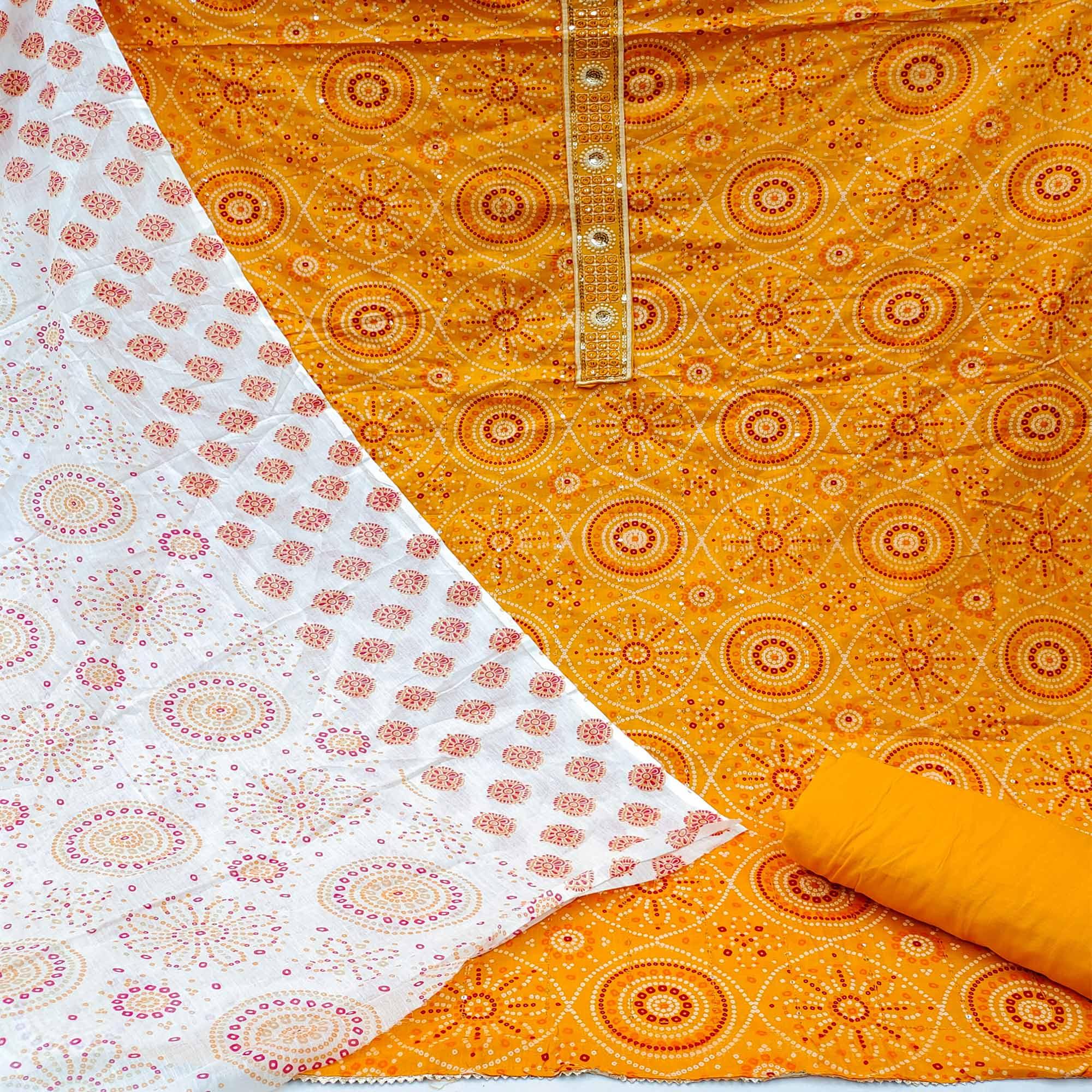 Yellow Casual Wear Print With Sequence Embroidered Cotton Dress Material - Peachmode