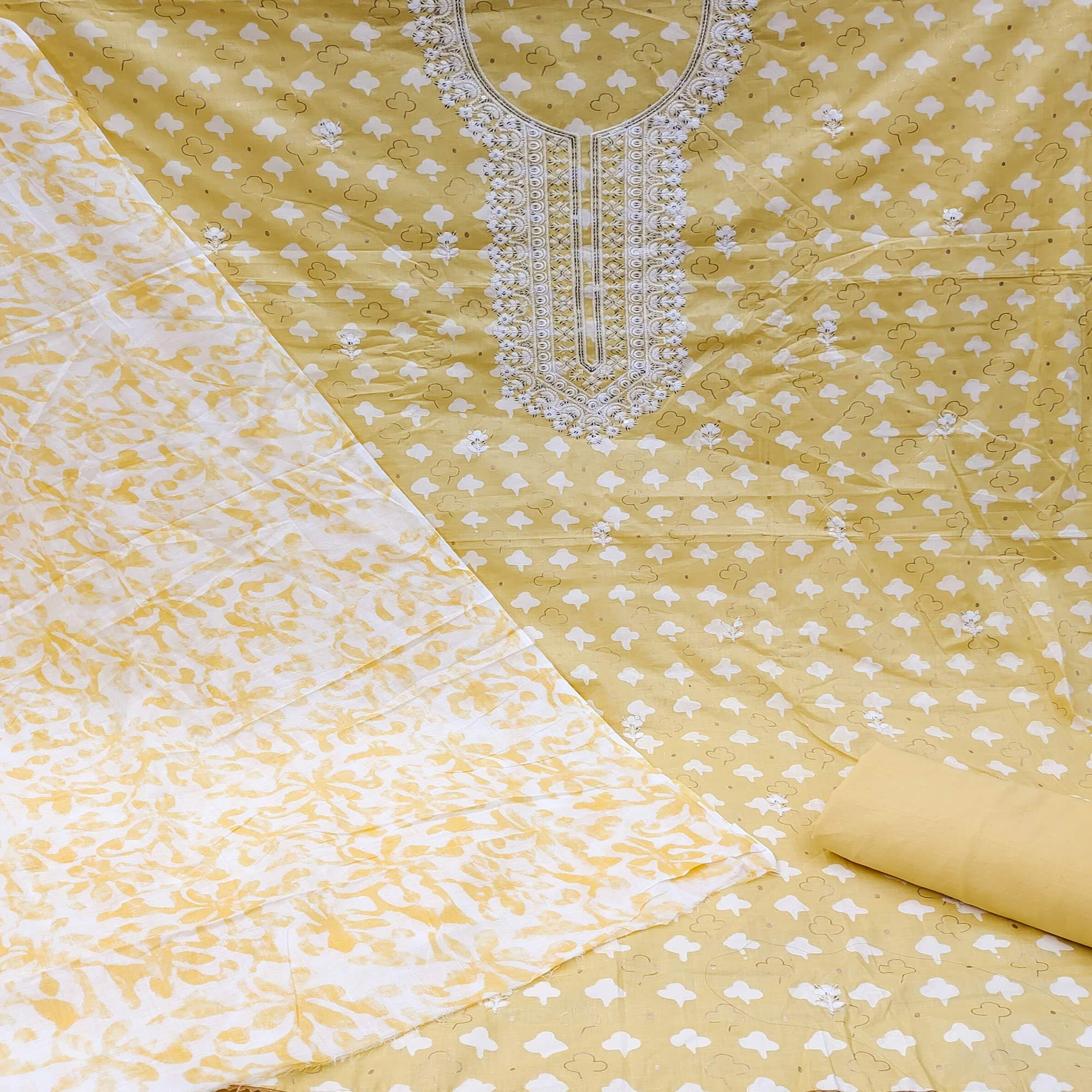 Yellow Casual Wear Print With Sequence Embroidered Cotton Dress Material - Peachmode