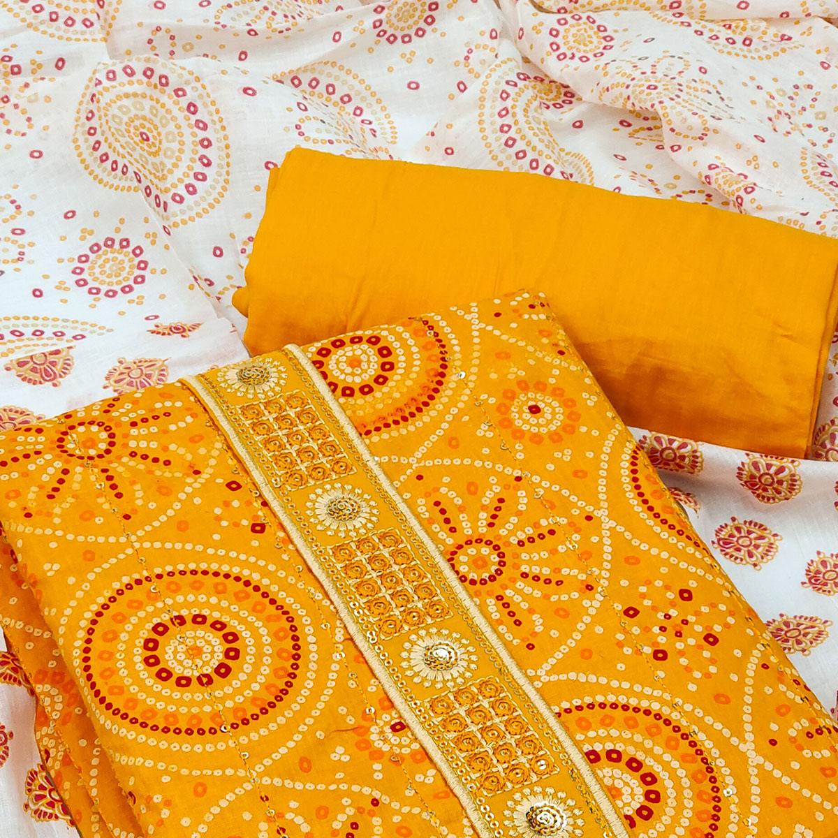 Yellow Casual Wear Print With Sequence Embroidered Cotton Dress Material - Peachmode
