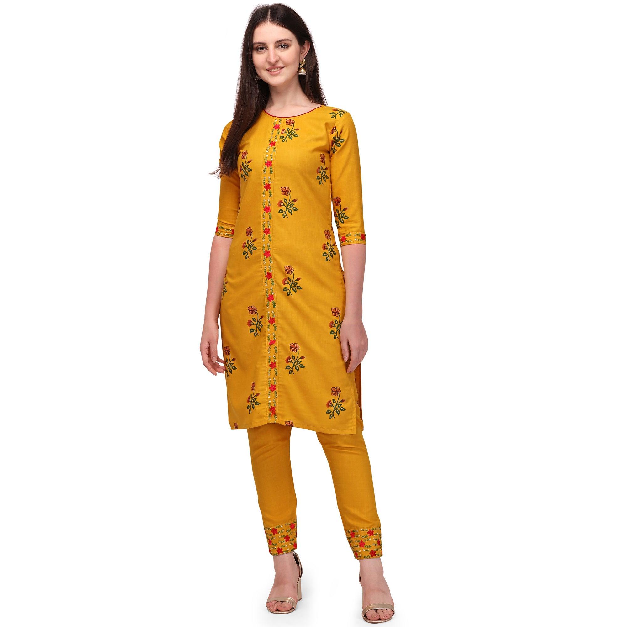 Yellow Casual Wear Printed & Embroidered Ruby Cotton Kurti Pant Set - Peachmode