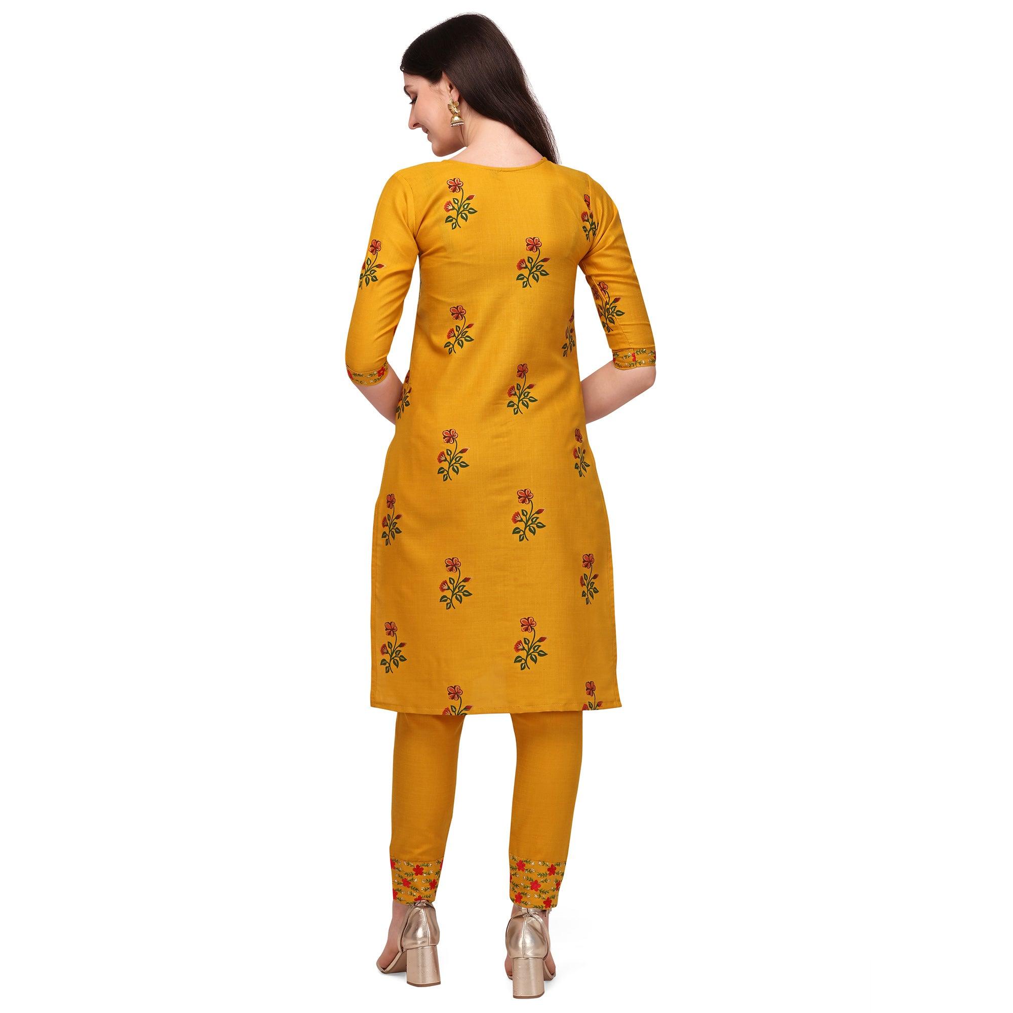 Yellow Casual Wear Printed & Embroidered Ruby Cotton Kurti Pant Set - Peachmode