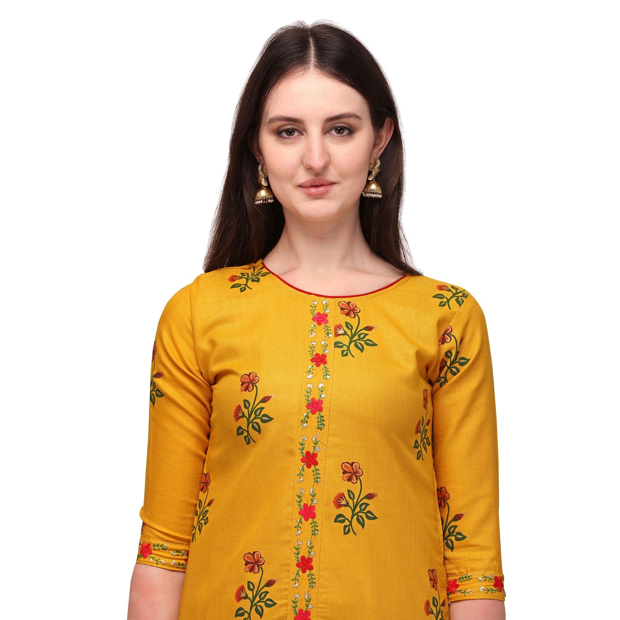 Yellow Casual Wear Printed & Embroidered Ruby Cotton Kurti Pant Set - Peachmode