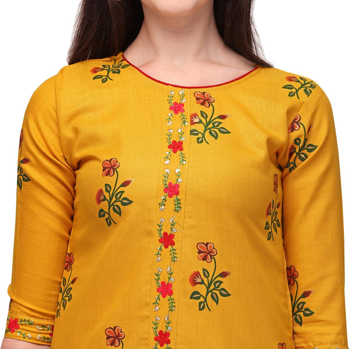 Yellow Casual Wear Printed & Embroidered Ruby Cotton Kurti Pant Set - Peachmode